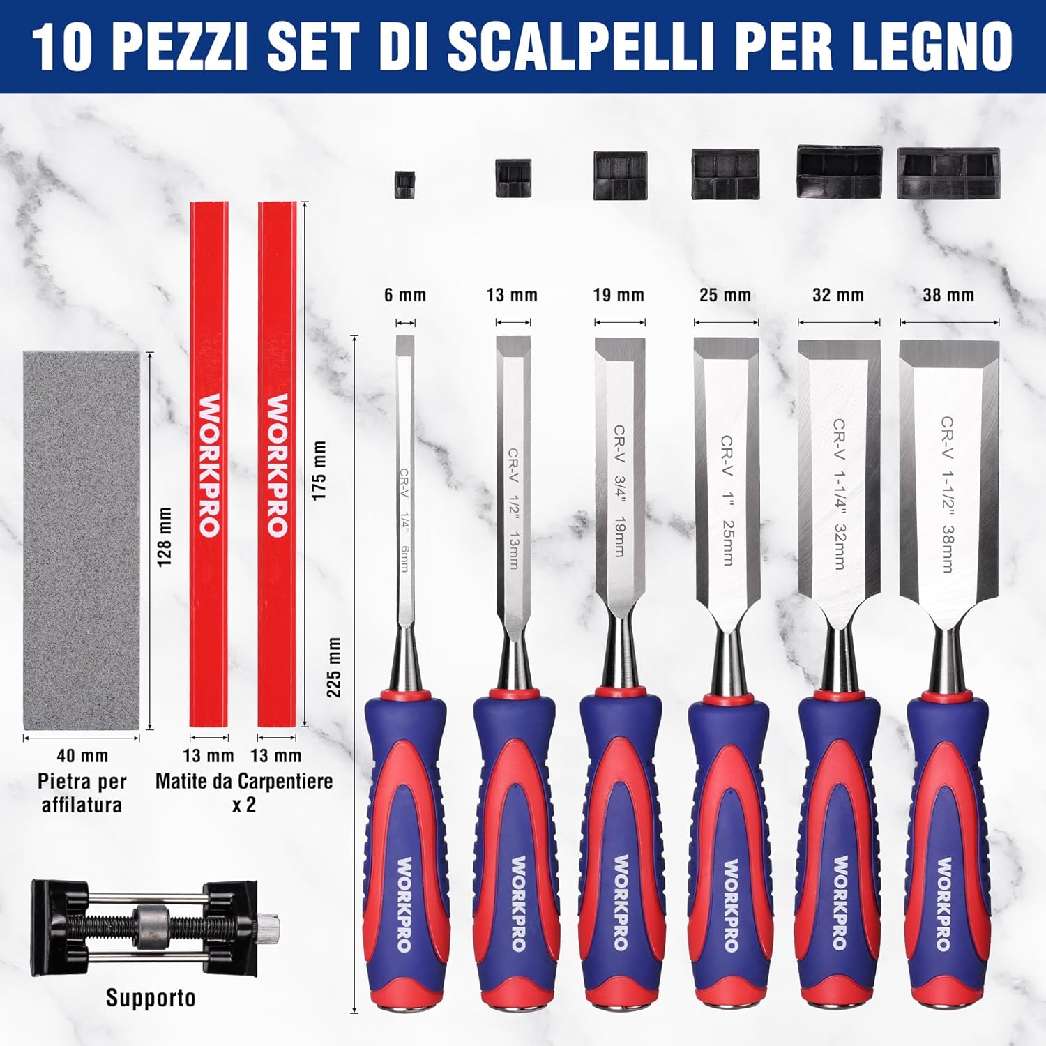 Thumbnail 1 de WORKPRO Set scalpelli per legno professionale da 10 pezzi con custodia (6 scalpelli 6/13/19/25/32/38 mm, affilatura inclusa)