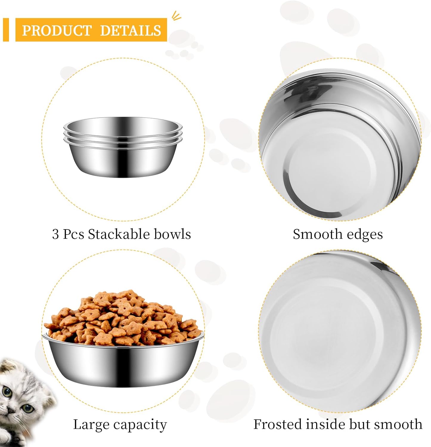 Detalle de LLMSIX 3 Pcs Stainless Steel Cat Food Bowl – Durable, Shallow and Dishwasher Safe