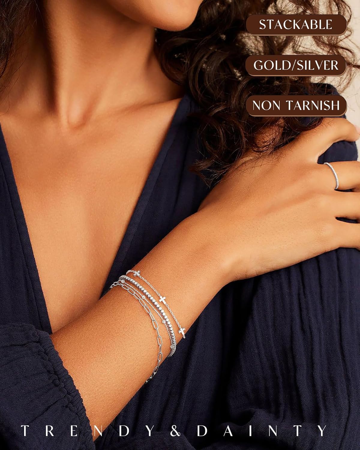 Thumbnail 2 de Bracelet femme ZHESHY en argent 925 et plaqué or 14k, réglable, motifs trèfle à 4 feuilles et croix