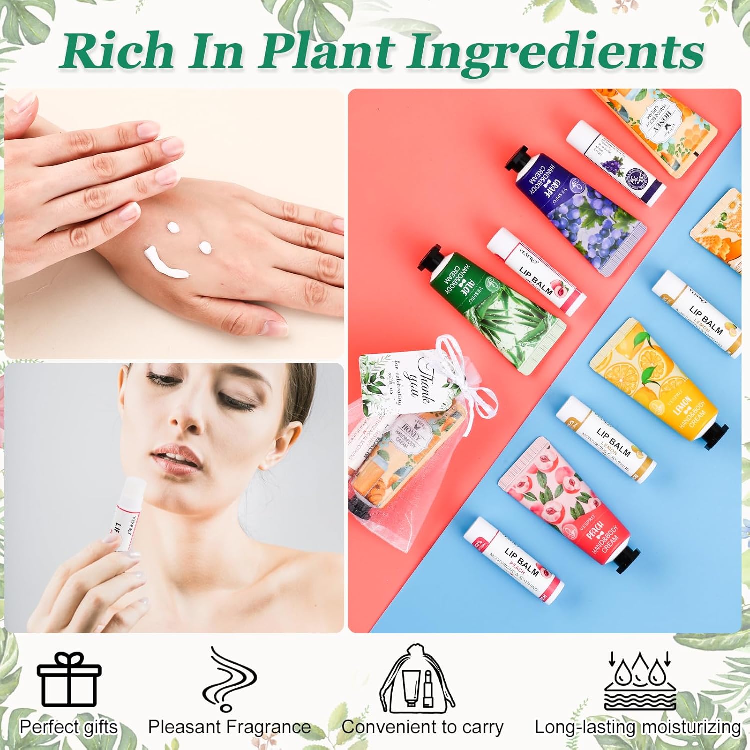 Detalle de 50 Sets Bulk Hand Cream and Bulk Lip Balm Gift Favors (Organza Bags + Thank Cards) for Easter, Mother’s Day & Weddings