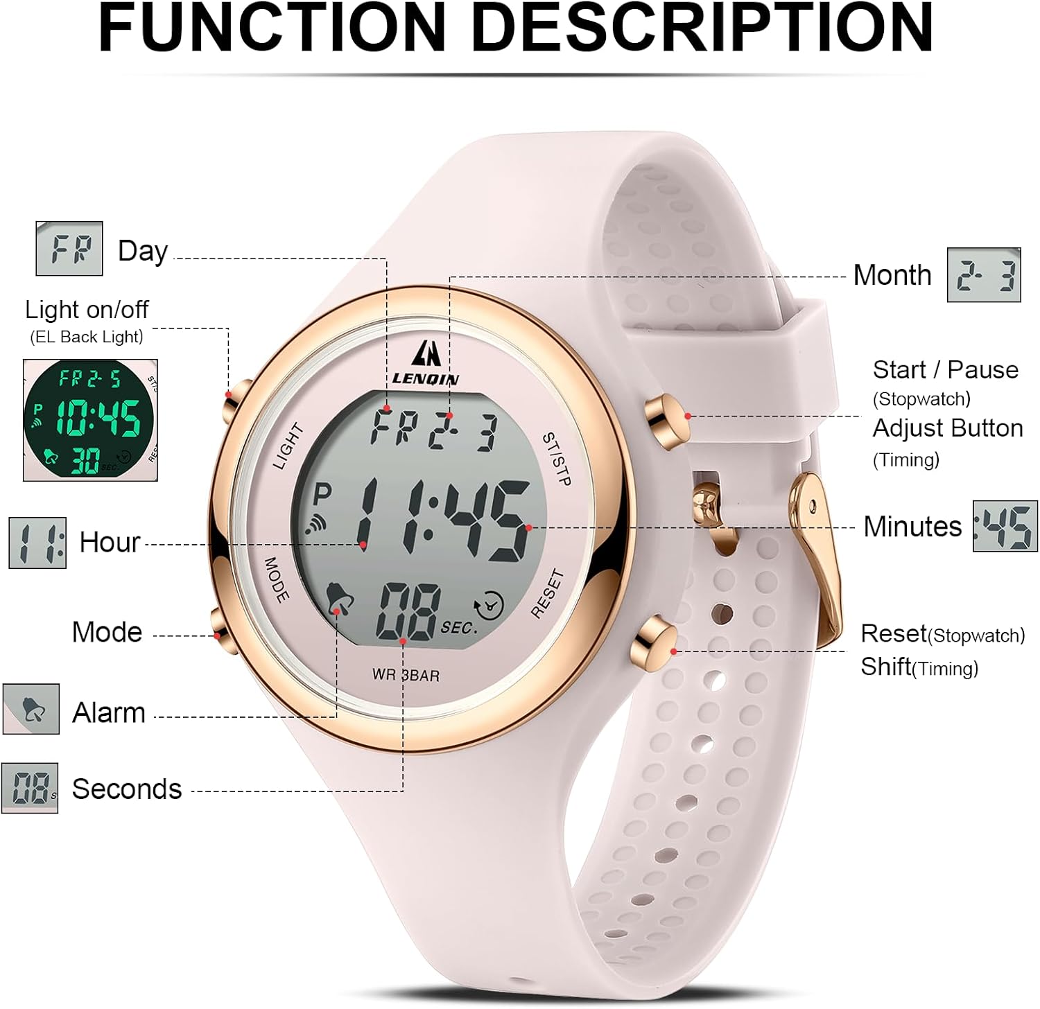 Detalle 2 de LN LENQIN Damen Digitaluhr mit Stoppuhr, Kalender und Silikonarmband