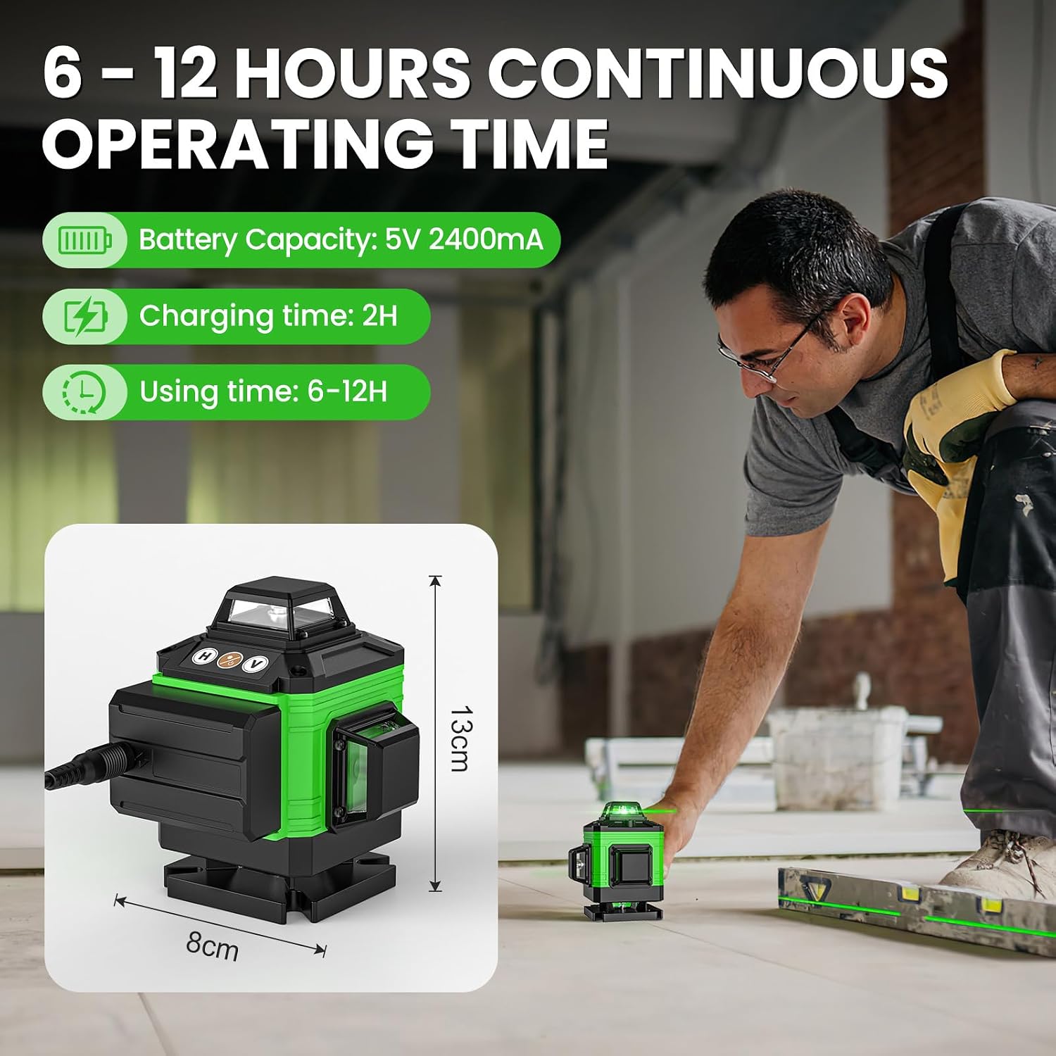 Thumbnail 4 de Laser Level Self Leveling 4D 16 Lines Green Laser Level (4 x 360°) with 2x 2400mAh Batteries, Tripod, Remote & Wall Bracket