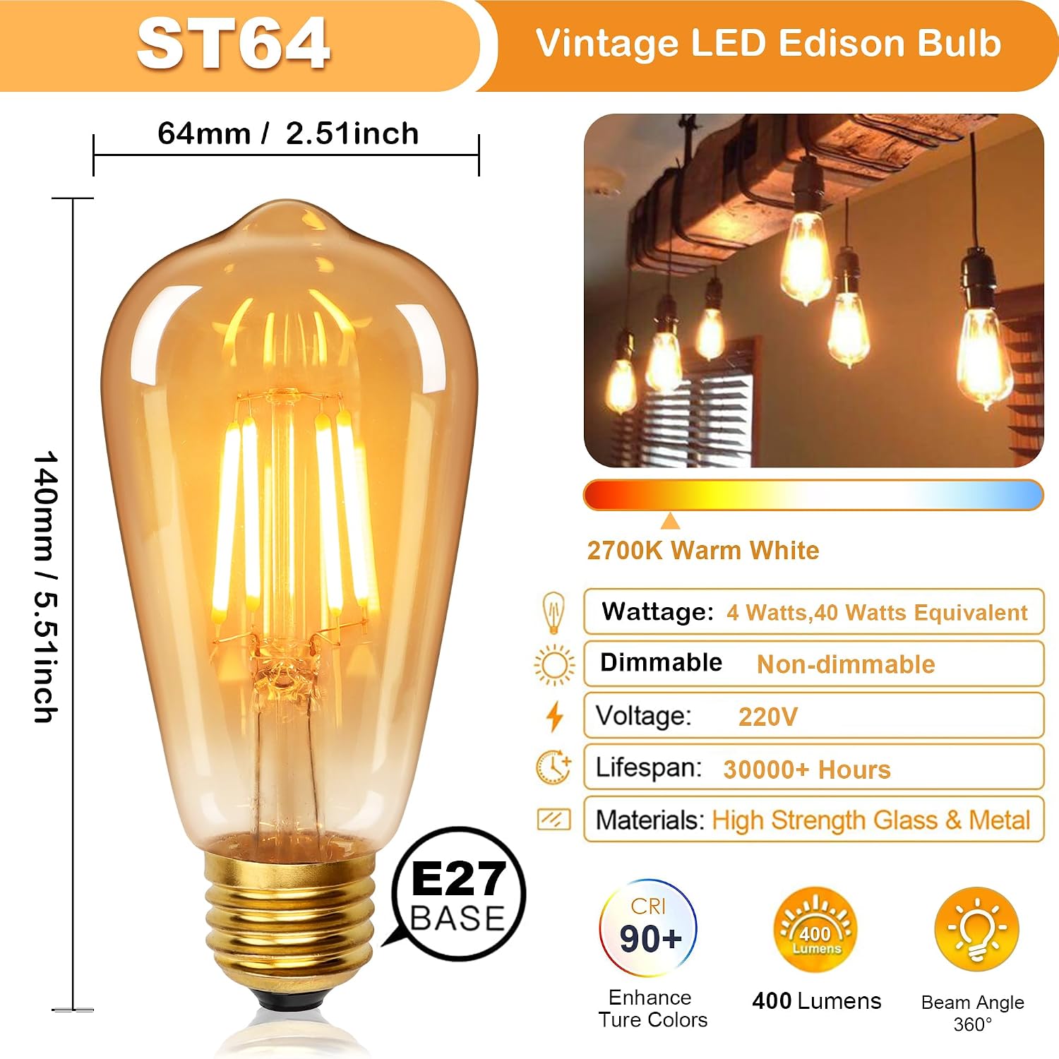 Detalle 2 de YUNRRD Vintage E27 LED Edison Bulb ST64 4W