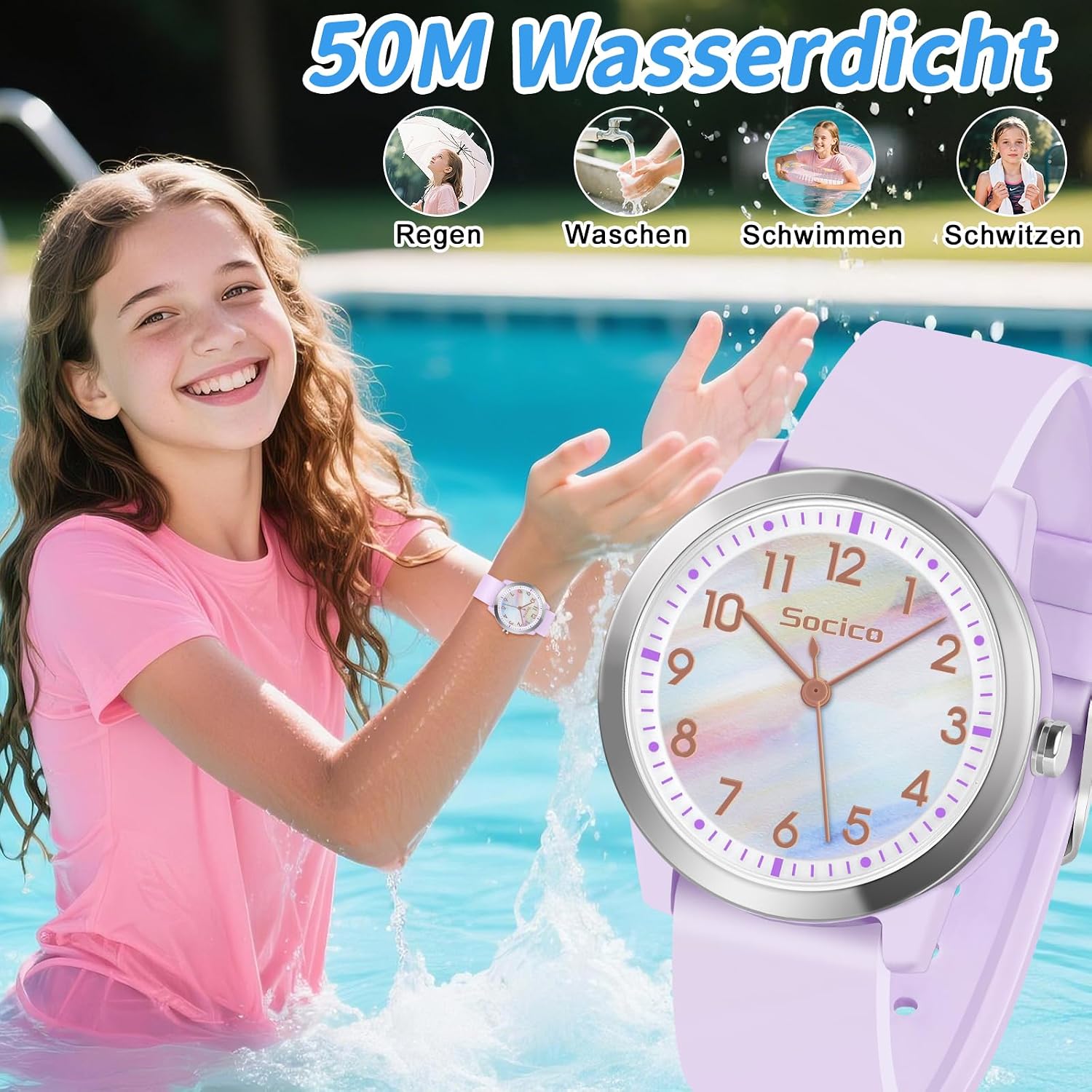 Detalle 2 de SOCICO Kinderuhr Analog Rainbow Lila – Wasserdicht bis 50 m, Japanisches Quarzwerk, leicht lesbares Zifferblatt (9–18 Jahre)
