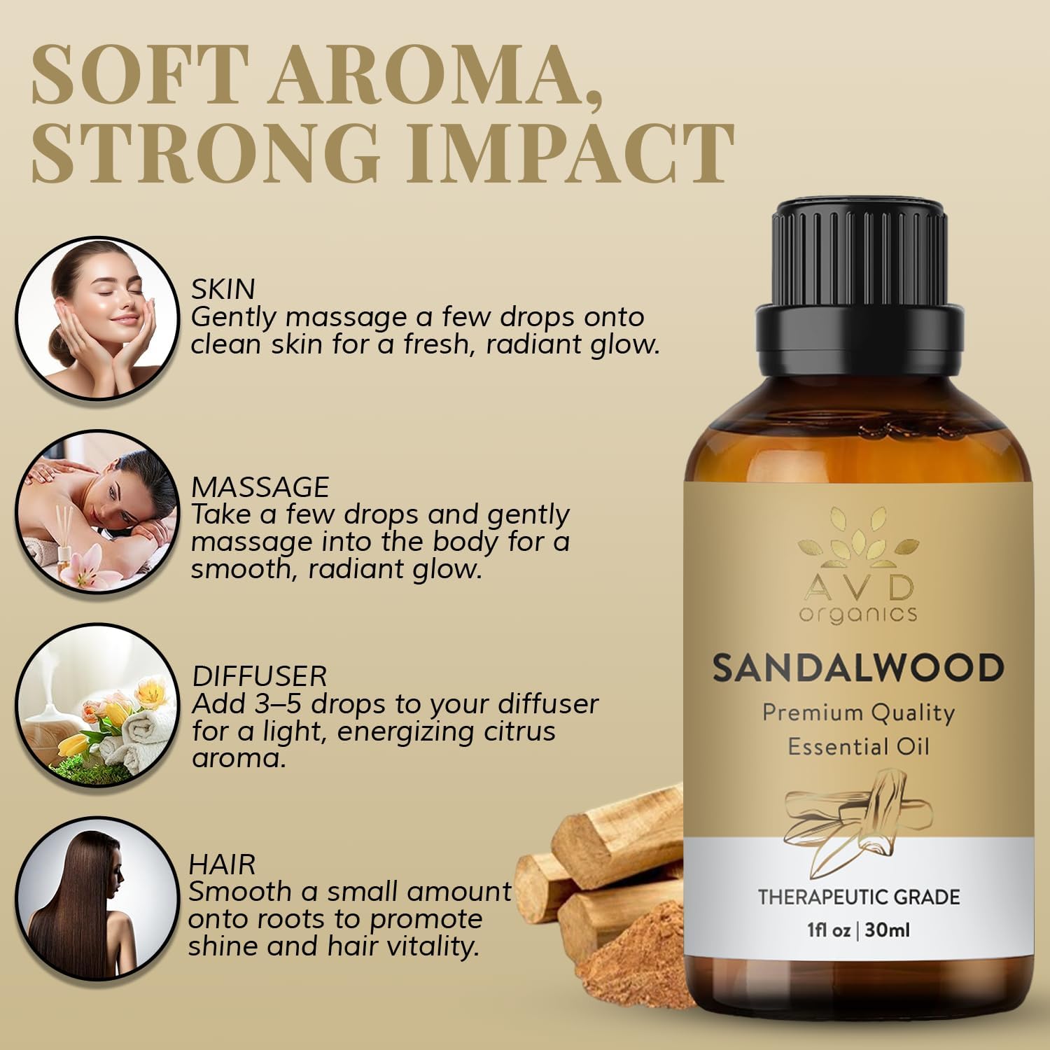 Detalle de AVD ORGANICS Ätherisches Sandelholzöl 30 ml (100% naturrein, unverdünnt) für Diffusor, Aromatherapie & DIY