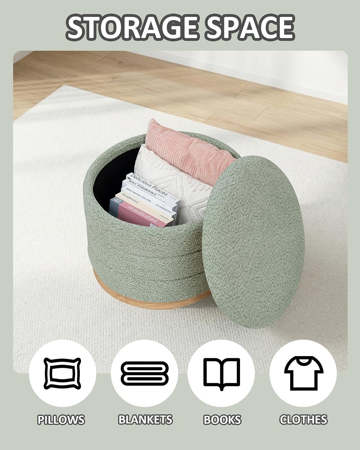 Detalle 1 de PINPLUS Green Chenille Folding Storage Ottoman, Round, 150 kg Capacity