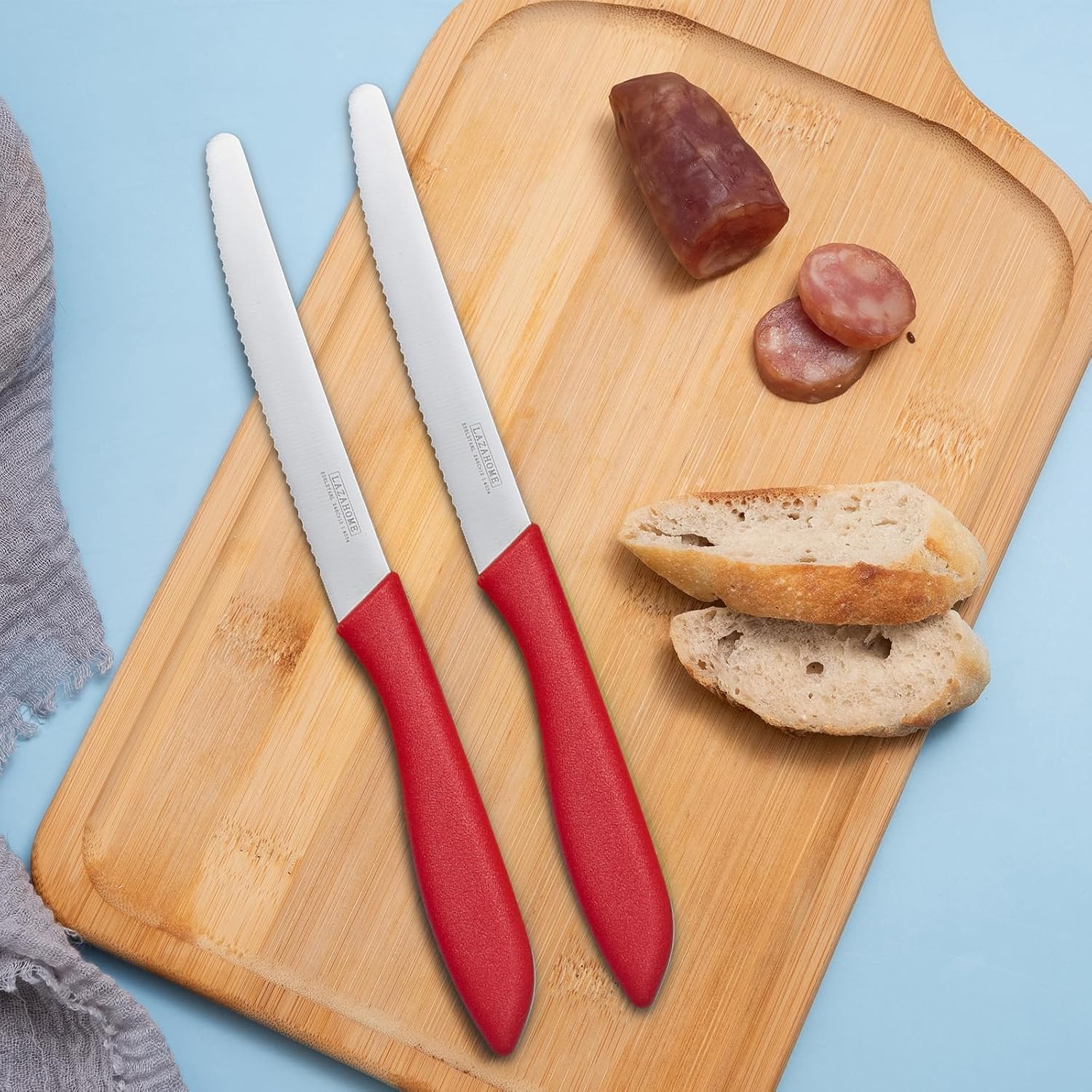Thumbnail 6 de LAZAHAOME Klassische Tafelmesser 6er-Set – Brötchenmesser mit roter, rostfreier Wellenschliff-Klinge, 23,2 cm, Kunststoffgriff