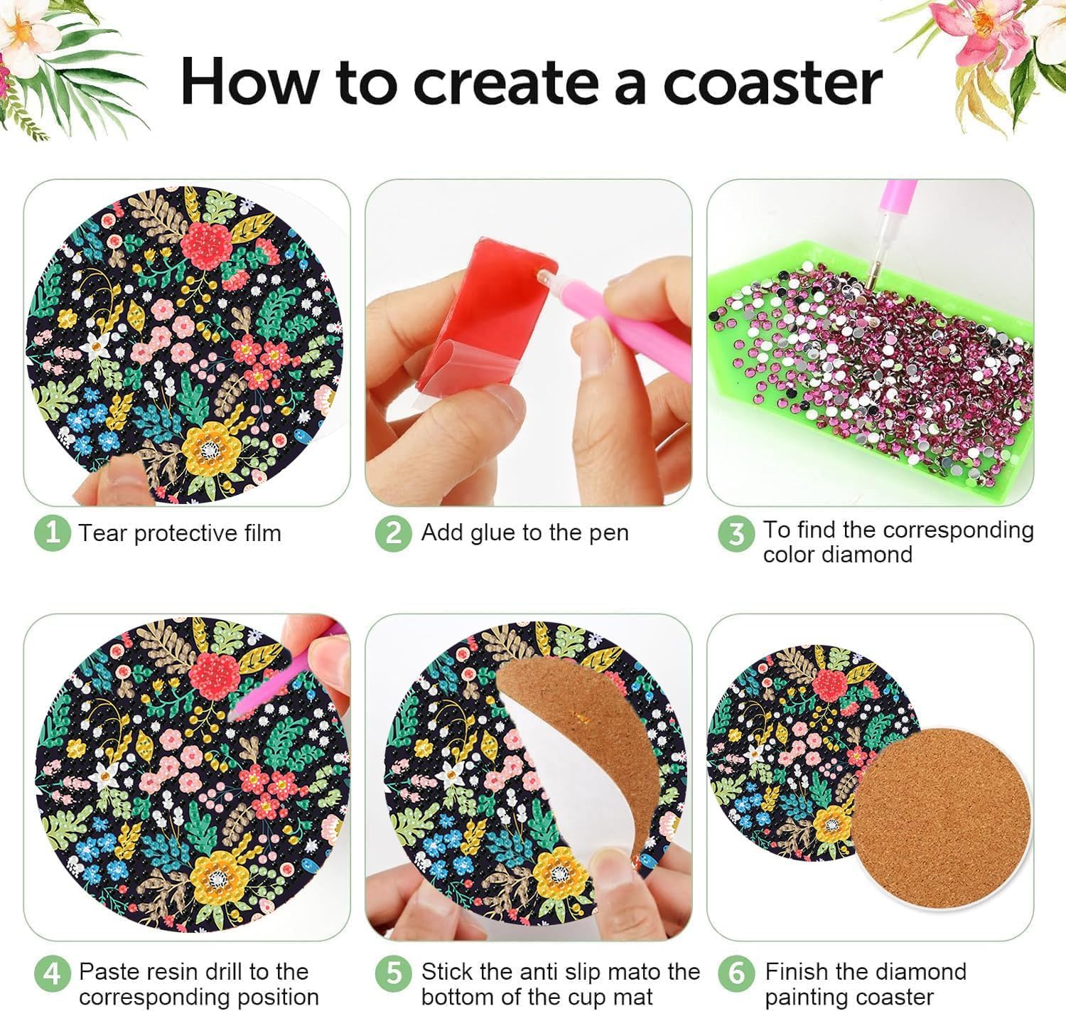 Thumbnail 6 de mrpwnle 8-Pack Floral Diamond Art Coaster Kit with Acrylic Coasters, Cork Pads and Holder