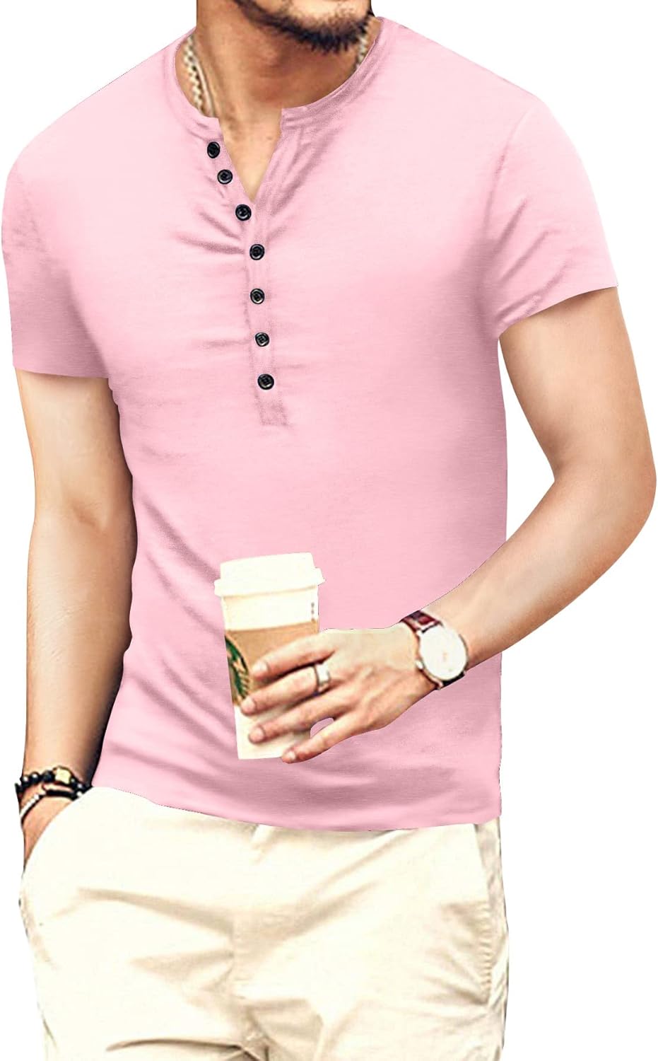 Thumbnail 2 de KUYIGO Herren T-Shirt Slim Fit Henley aus Baumwolle mit 7 Knöpfen