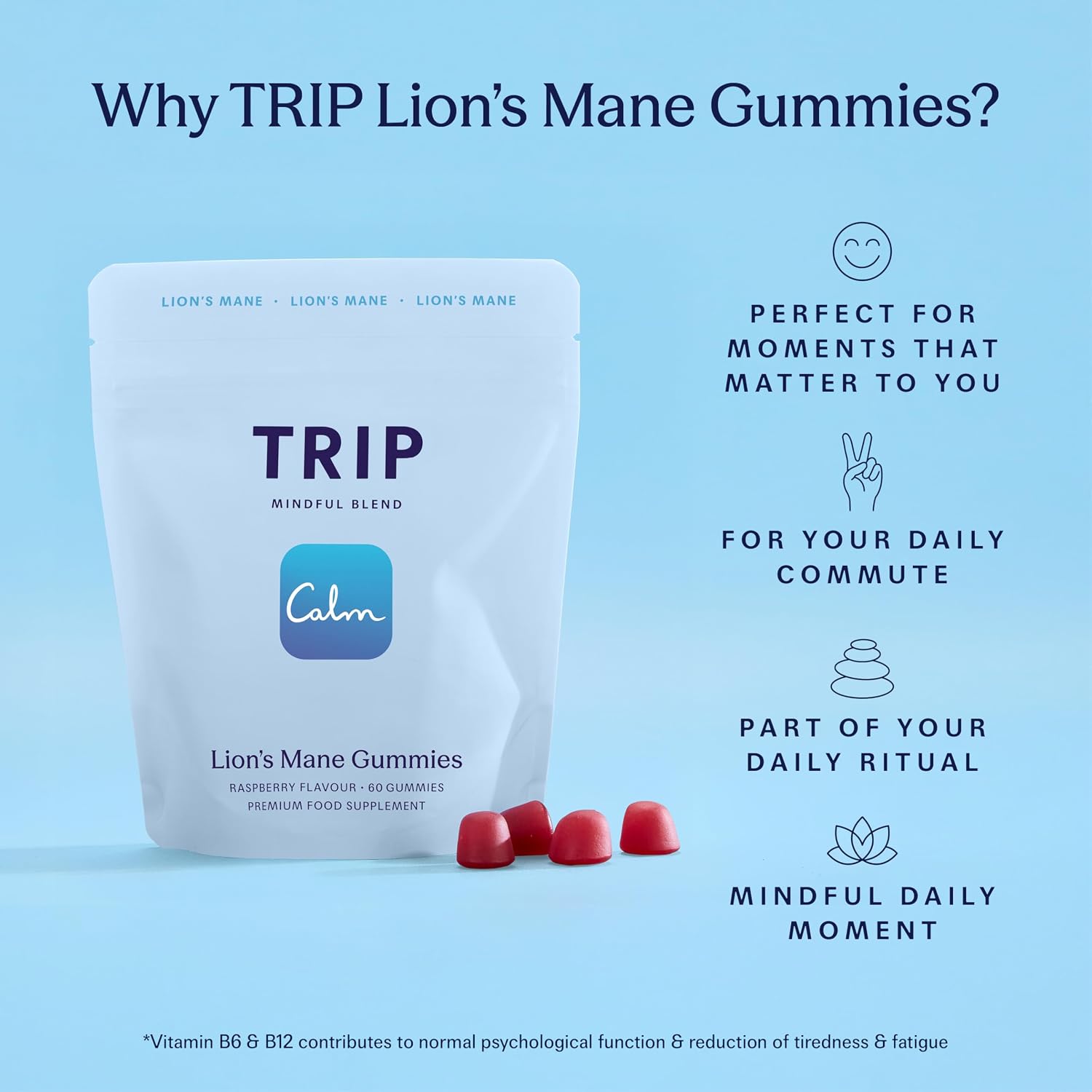 Detalle de TRIP Lion’s Mane Gummies Raspberry – High Strength 6000MG per Pack (60 Vegan Gummies)