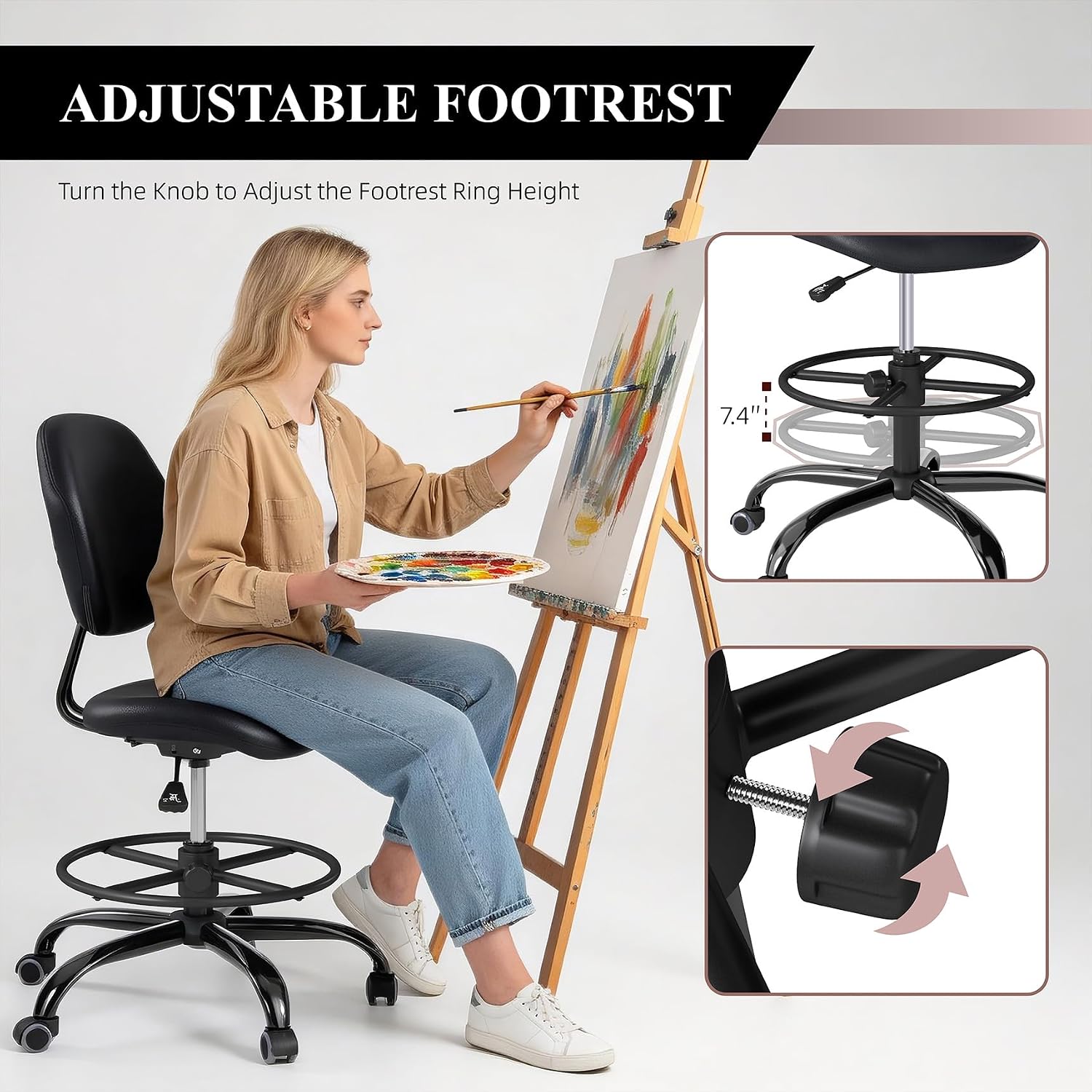 Detalle 1 de Nusetx NS-7227BK Drafting Chair with Back Support, Faux Leather and Footrest Ring