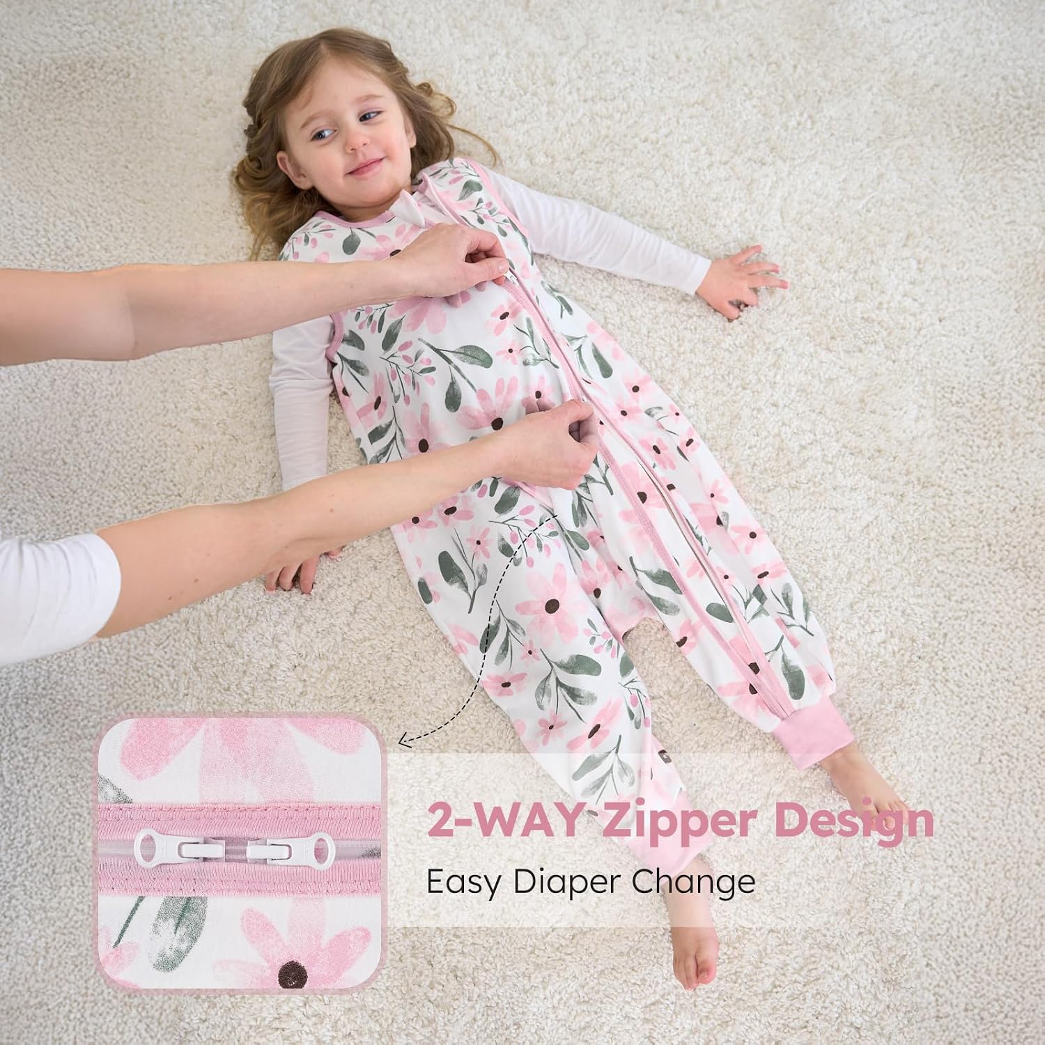 Detalle 2 de Yoofoss 2er Pack Baby Schlafsack mit Füßen 0.5 Tog – 100% Baumwolle, Größe 70 cm, rosa Blume