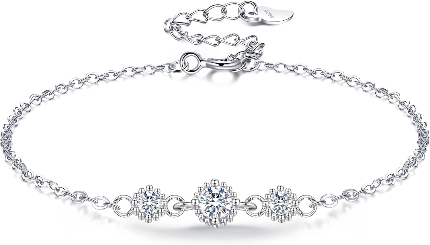 Detalle de VANSZA Damen-Silberarmband 925 Sterling Silber mit 3 Zirkonia-Diamanten – 17 cm (mit 4 cm Verlängerung)