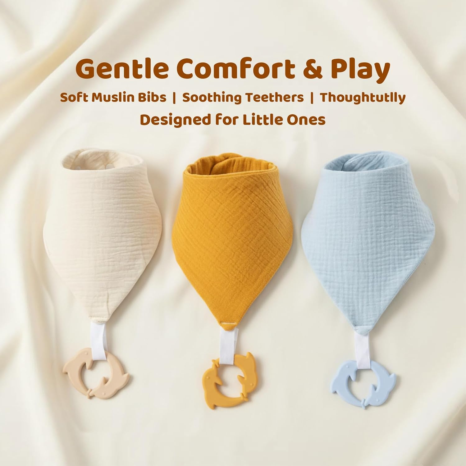 Detalle de COOROBIN Muslin Baby Bibs with Detachable Teether, 100% Cotton, Adjustable Snaps
