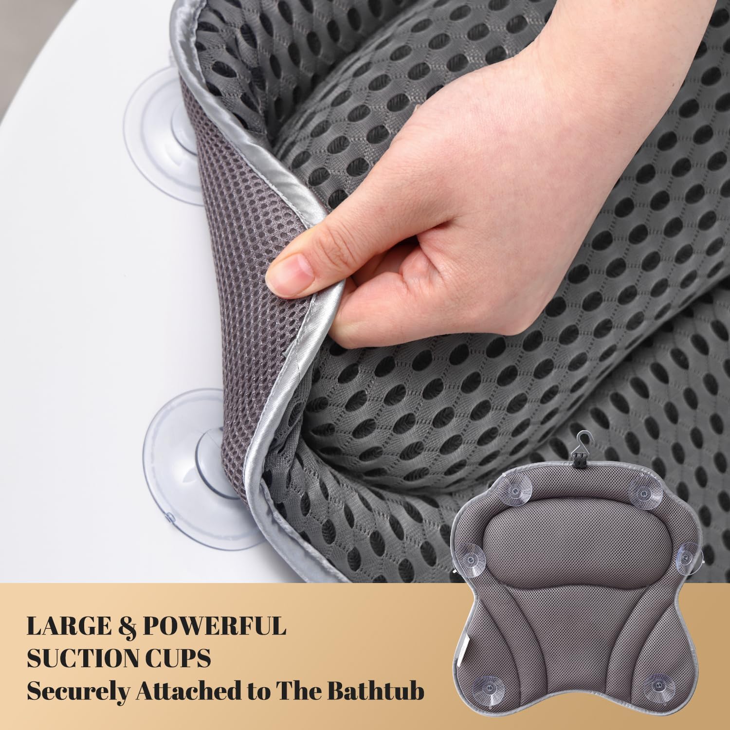 Detalle 2 de Idle Hippo BP7502 Bath Pillow with 4D Air Mesh and Suction Cups, Grey