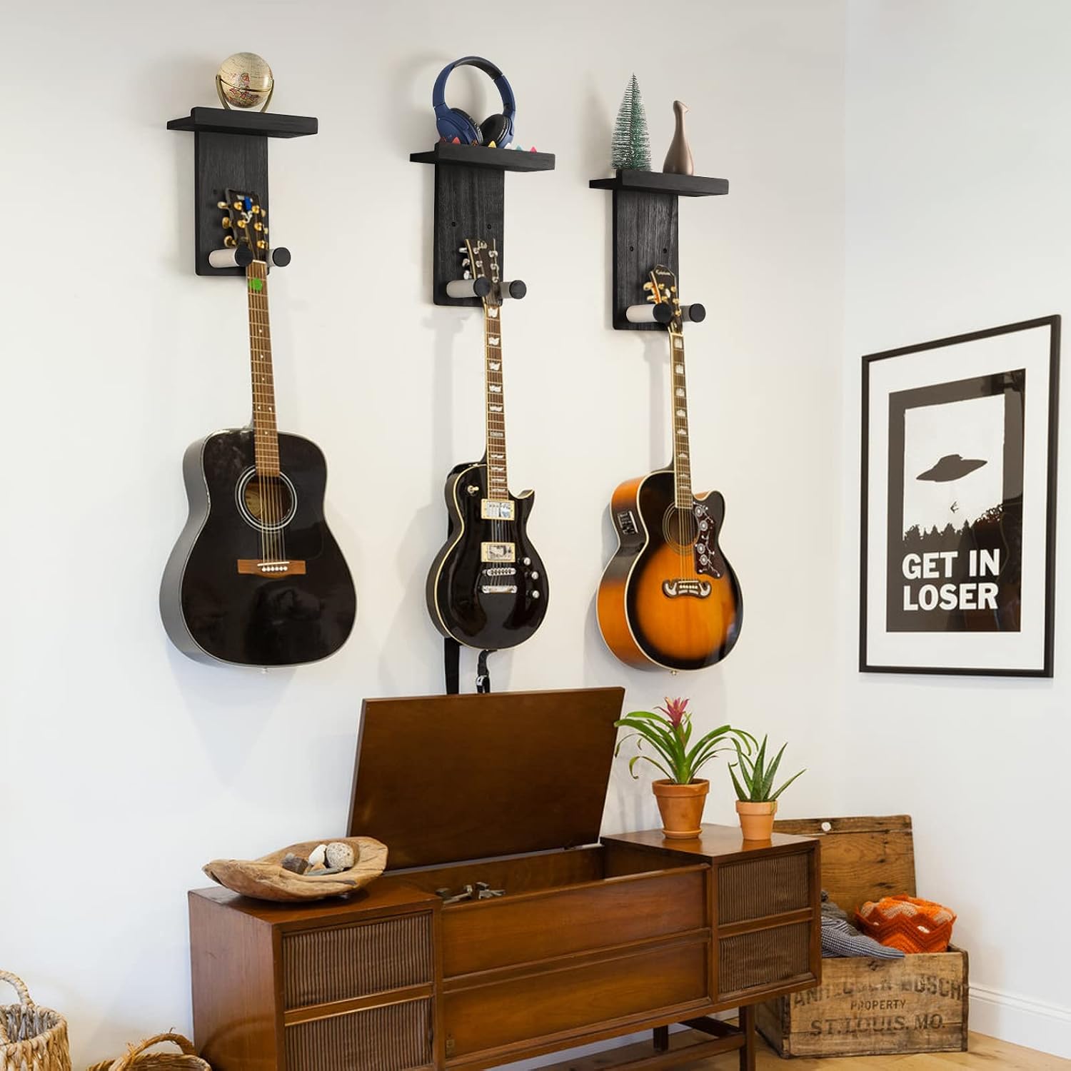 Thumbnail 1 de Keebofly 1005106 Guitar Wall Mount 3-Pack, Rustic Wood with Pick Holder