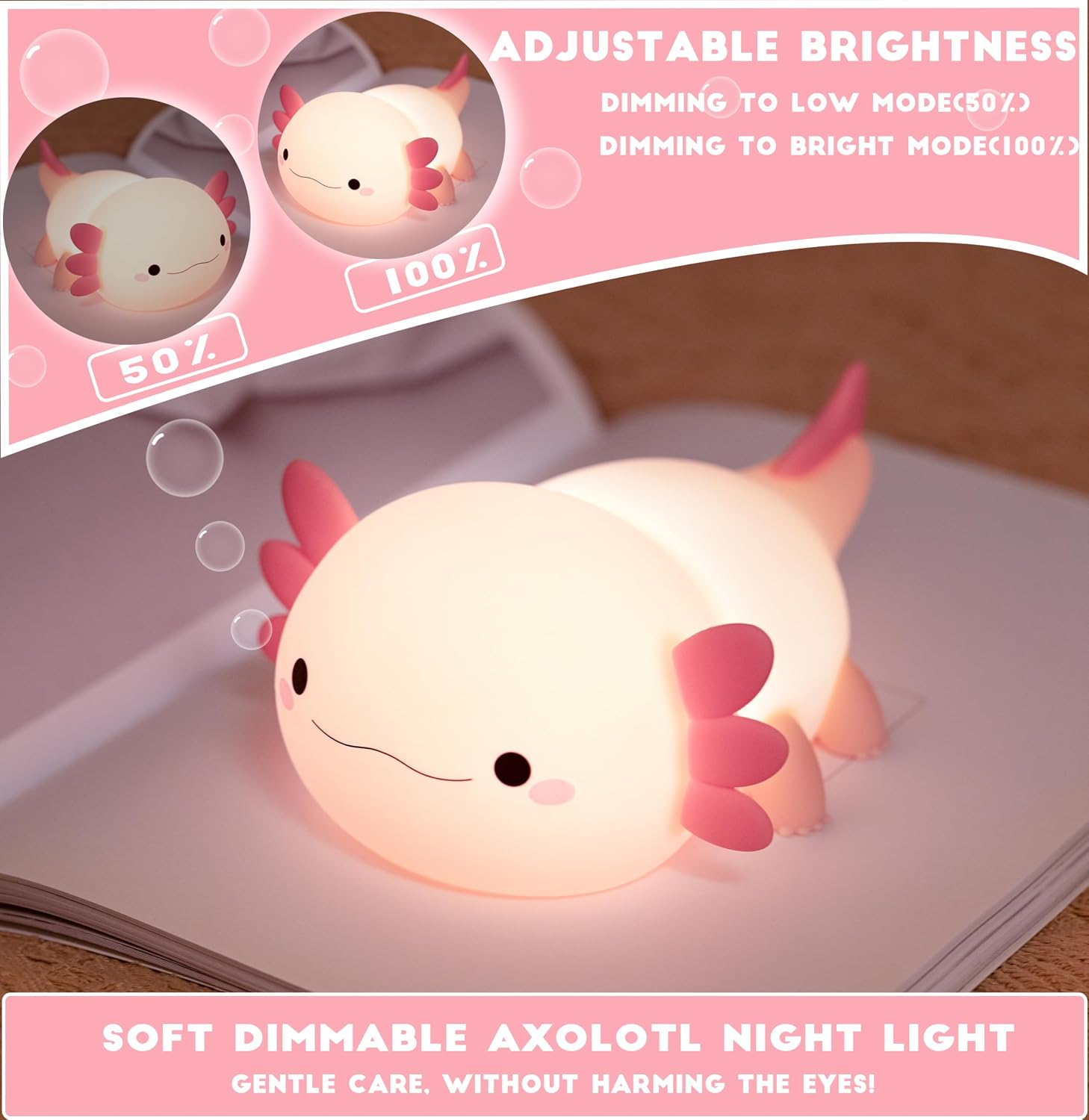 Detalle de HAPPYBAG Axolotl Silicone Night Light, Two Warm Light Settings, Timer