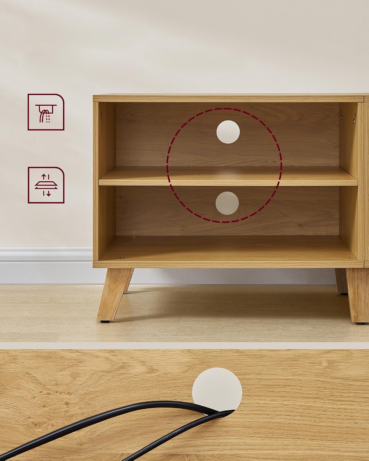 Detalle 2 de VASAGLE LTV027N01 TV-bänk för upp till 60 tum, 140 cm, ek och gräddvit