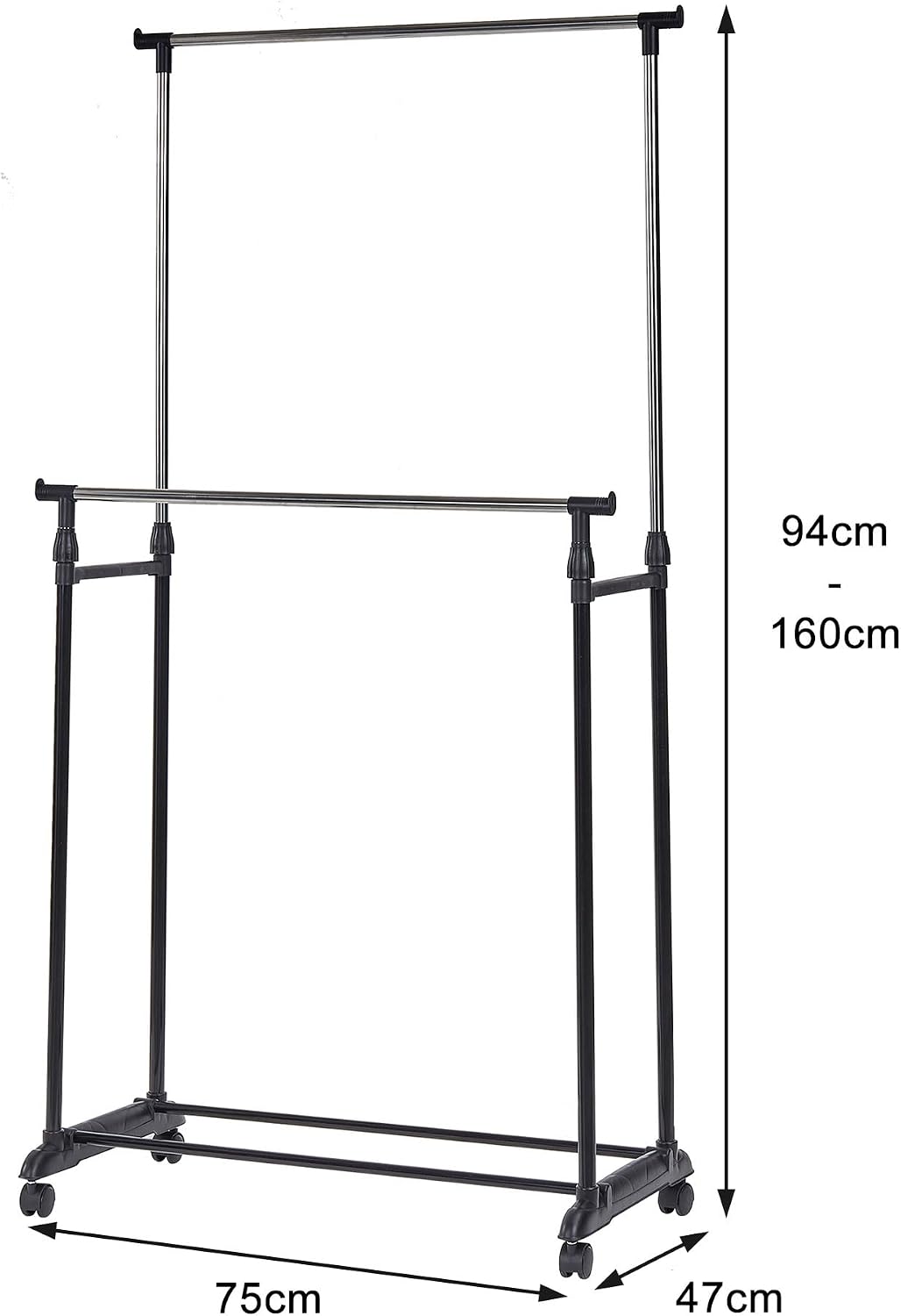 Detalle de VECELO KHD-CB-YJ27-BLK ダブルハンガーラック 高さ調節・キャスター付き 幅75cm ブラック