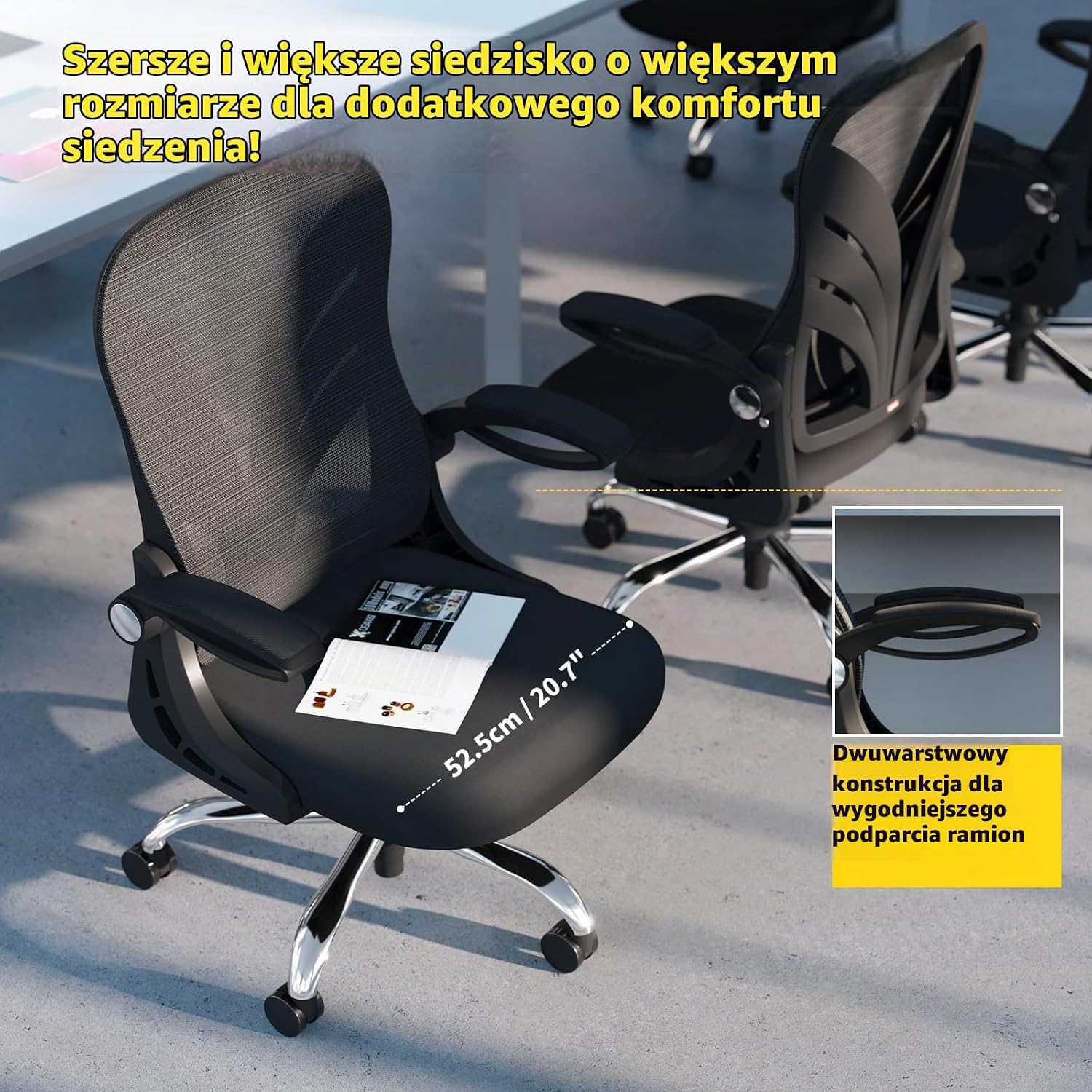 Detalle 2 de HOLLUDLE Folder1-BK – krzesło biurowe z siedziskiem 52 cm i składanym oparciem