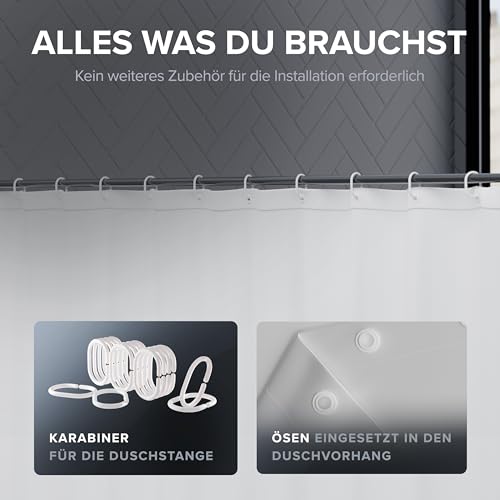 Detalle de ovimar Magnetischer Duschvorhang Langfossen 180 x 200 cm – weiß, waschbar, schnelltrocknend, Anti-Schimmel mit Magnetleiste und Ringset
