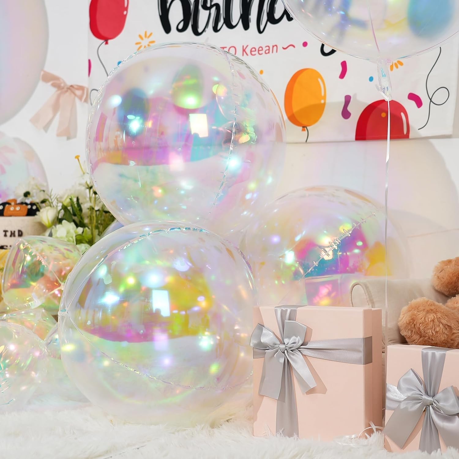 Thumbnail 6 de 12Pcs Iridescent Round Foil Balloons – 22", 15", 10" 4D Clear Balloons for Party Decor