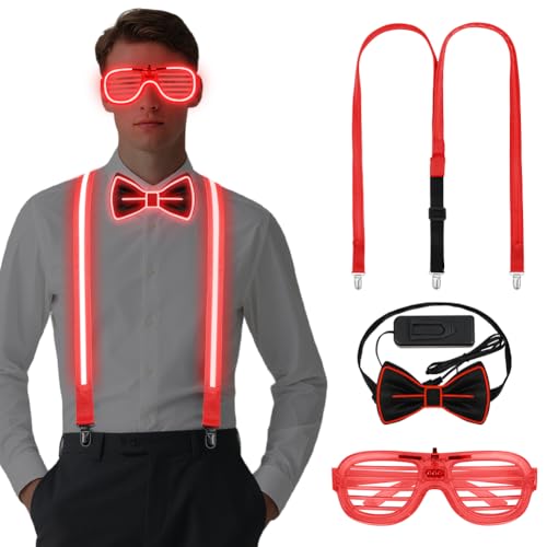 Detalle de Alaoo Gafas LED Luminosas, 3 piezas (corbata, pajarita y tirantes) en rojo