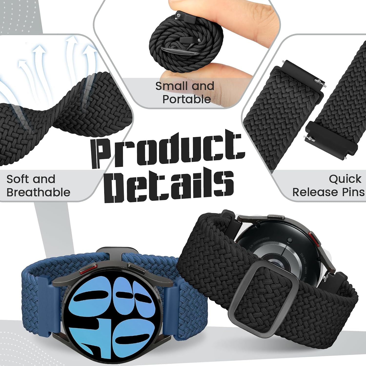 Detalle de Yunshare Braided Solo Loop Elastic Strap (Quick Release) for 18–24mm watch lugs – 3 pack