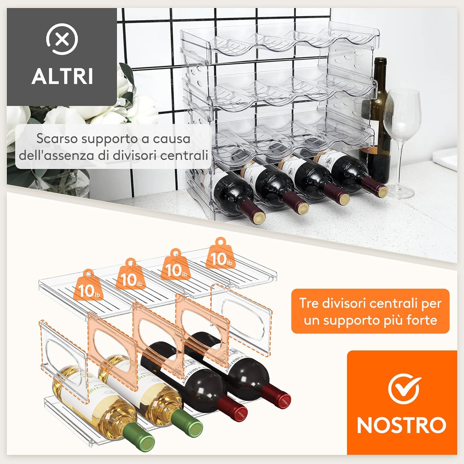 Detalle 2 de Lifewit Portabottiglie da frigo in plastica per 8 bottiglie, 2 livelli impilabile (42 x 20 x 12,5 cm)