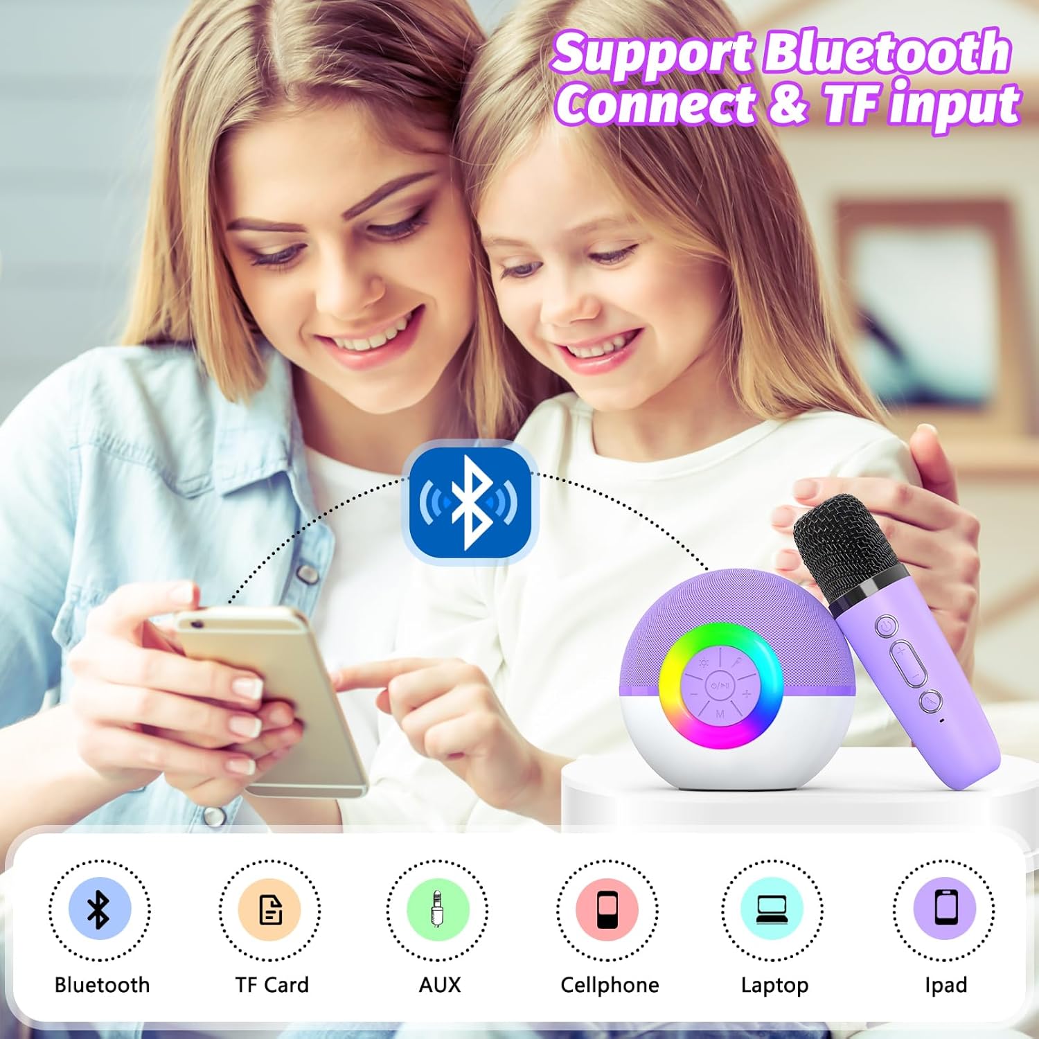 Detalle de goopow T97 Mini Karaoke Machine with Bluetooth, Two Wireless Microphones and LED Lights