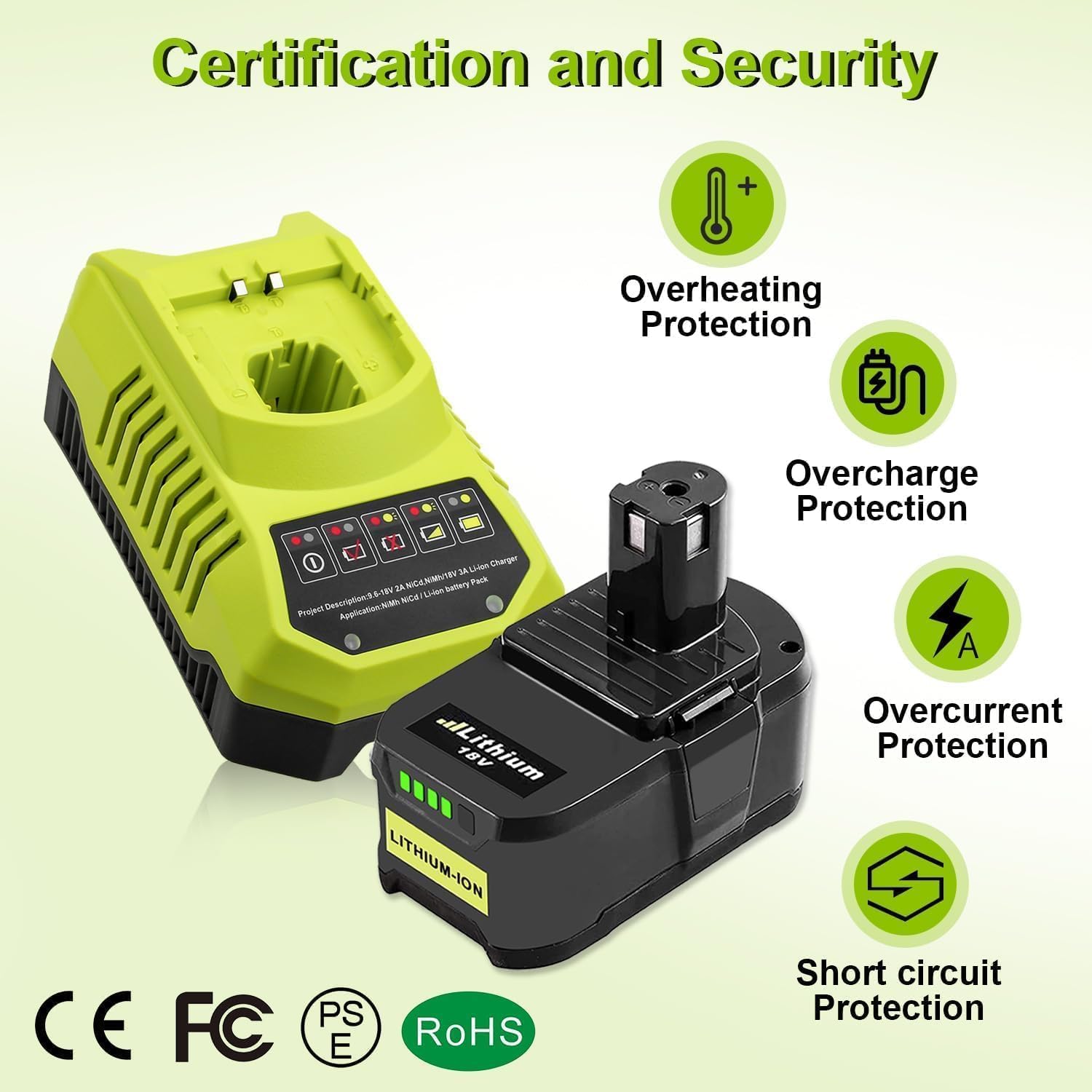 Detalle de 2X 18V P108 Replacement Battery for Ryobi + 4A Charger — 5500mAh, compatible with Ryobi ONE+