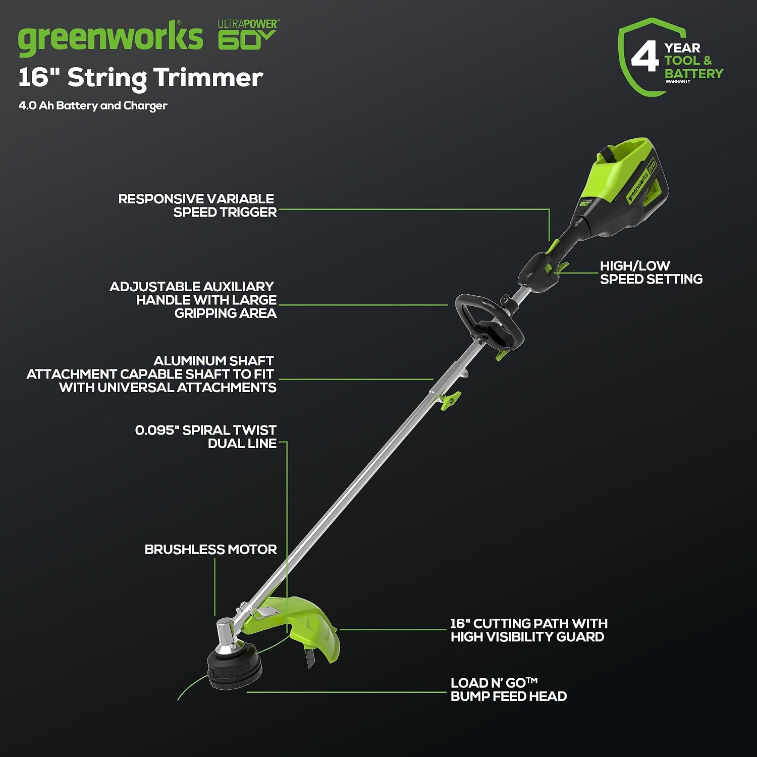 Detalle de Greenworks ST60L413 60V Cordless String Trimmer, 16-Inch, Brushless, 4.0Ah Battery