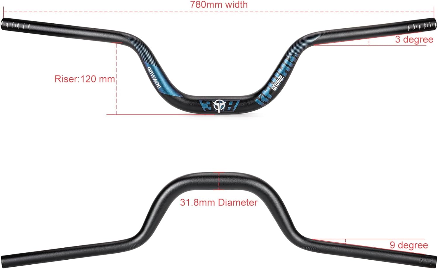 Thumbnail 2 de GEWAGE Manubrio Riser 780 mm in lega 6061, attacco 31,8 mm e rise regolabile fino a 120 mm (Blue)