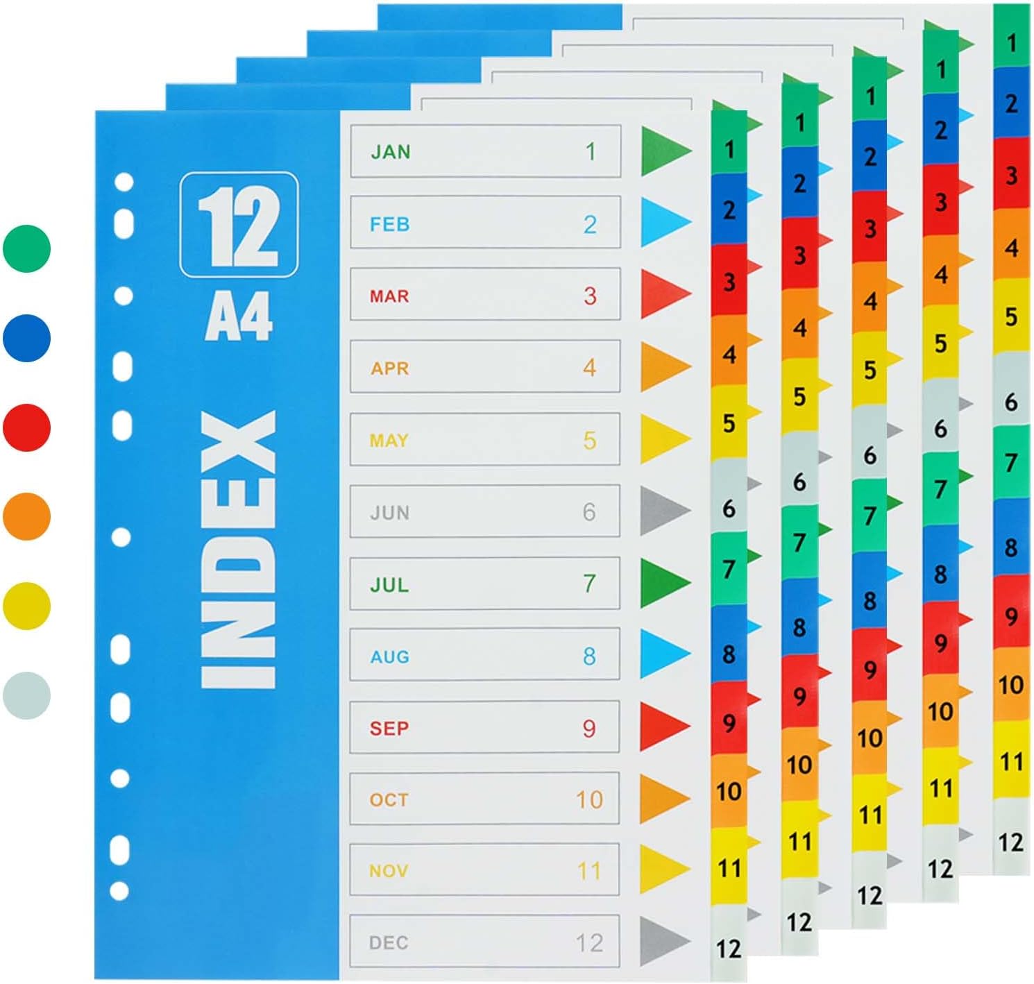 Detalle de OFFCUP A4-tabbladen, 5 sets met 12 genummerde tabs in 6 kleuren