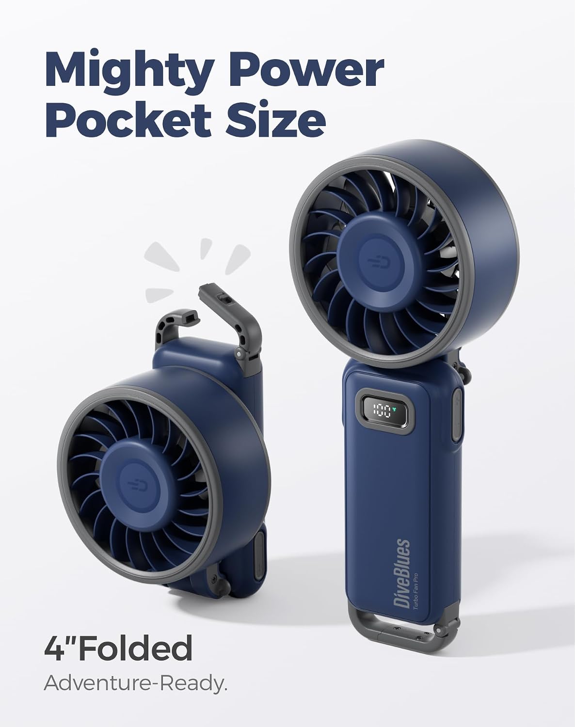 Detalle de Diveblues Portable Handheld Fan (D6036): 4-in-1, 180° Foldable, 12H Battery, USB-C