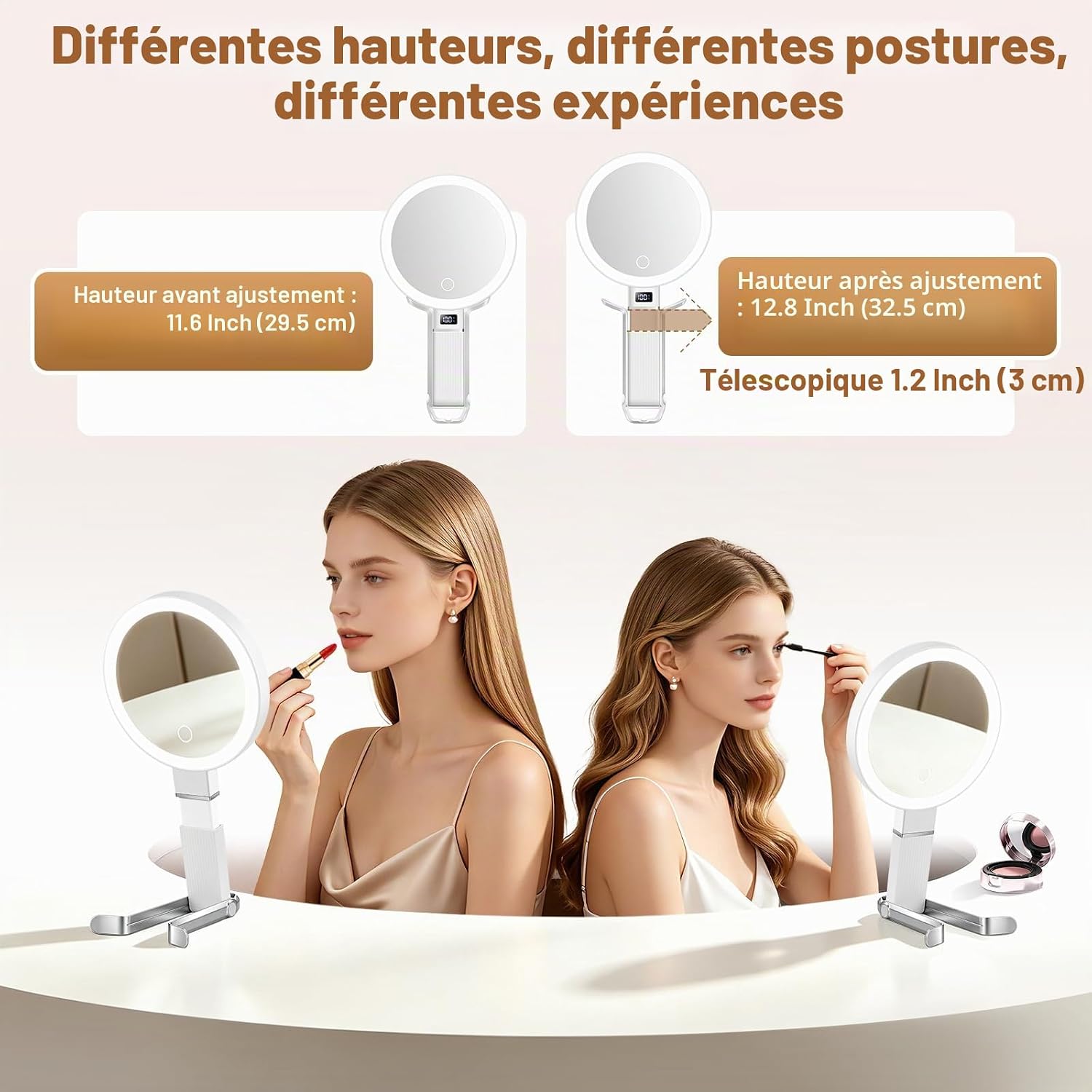 Detalle de Miroir de voyage grossissant 30x avec lumière LED – compact, rechargeable et portable