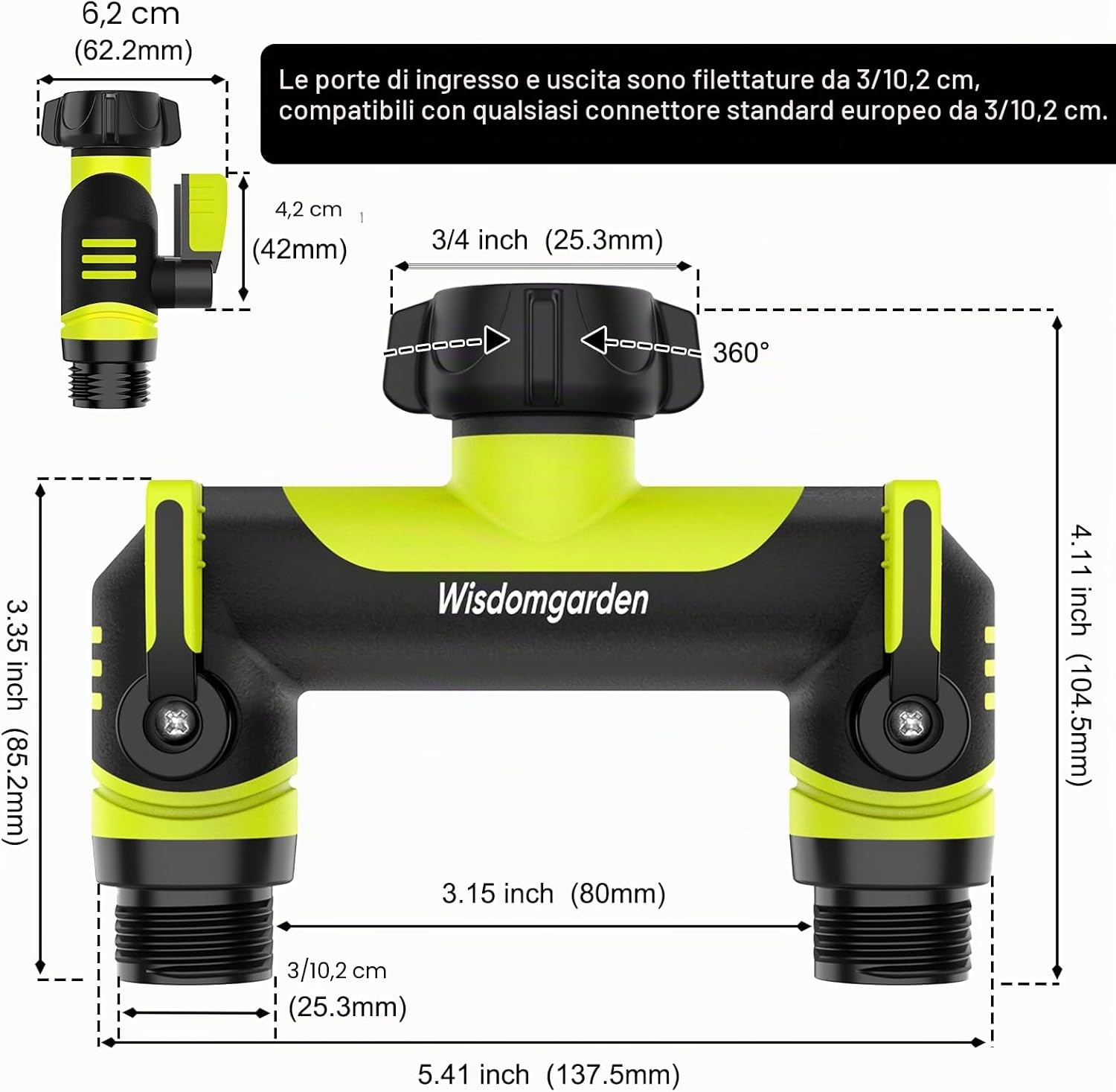 Detalle de Wisdomgarden Distributore a 2 Vie: deviatore d'acqua a doppio collegamento per rubinetto, verde-nero