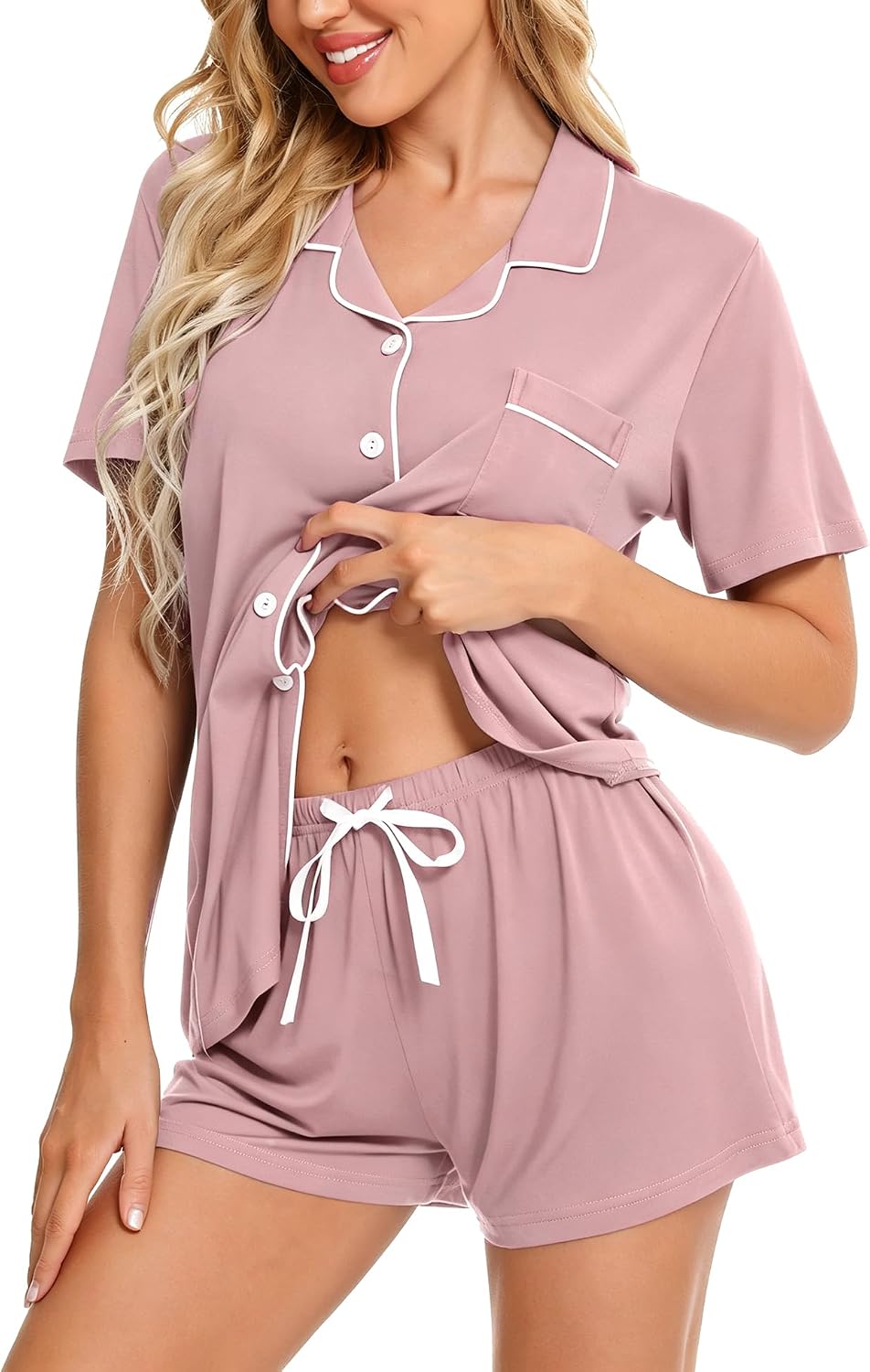 Detalle de SWOMOG WGaa001 Women’s Button-Down Pajama Set, Short-Sleeve Modal Shorts