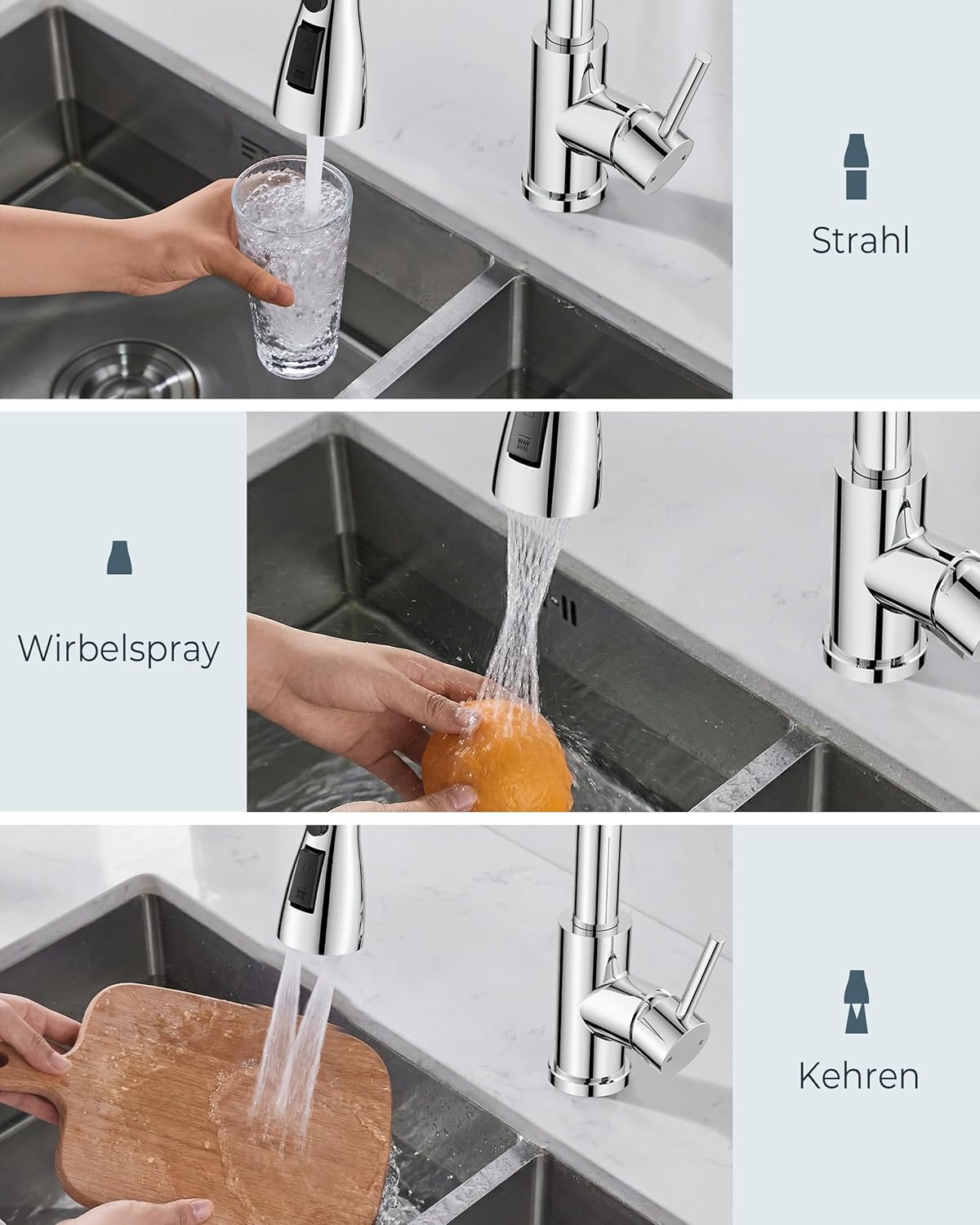 Thumbnail 5 de FORIOUS Wasserhahn Küche – ausziehbare Spültischarmatur, 360° drehbar, drei Strahlarten, Hochbogen, Chrom