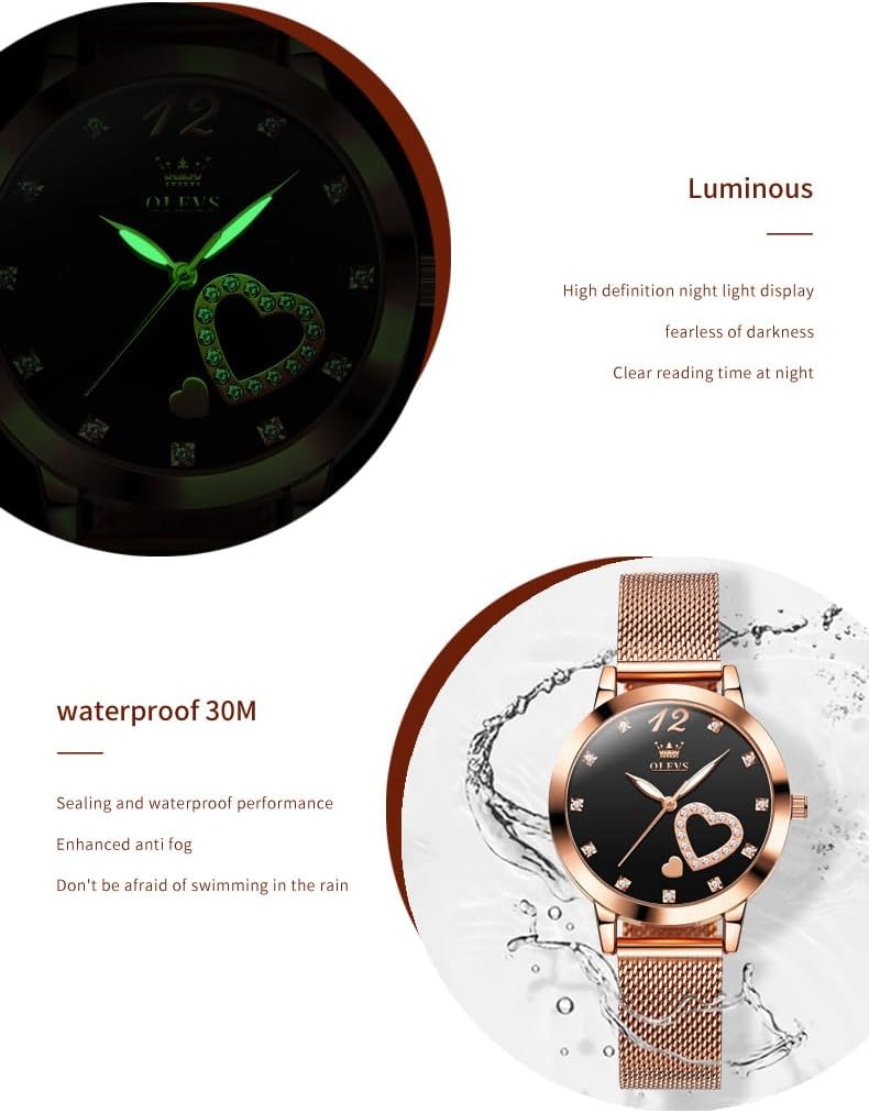 Detalle de OLEVS Montre Luxe Or Rose pour femmes, bracelet maille acier inoxydable 316L, étanche 30 m (30m)