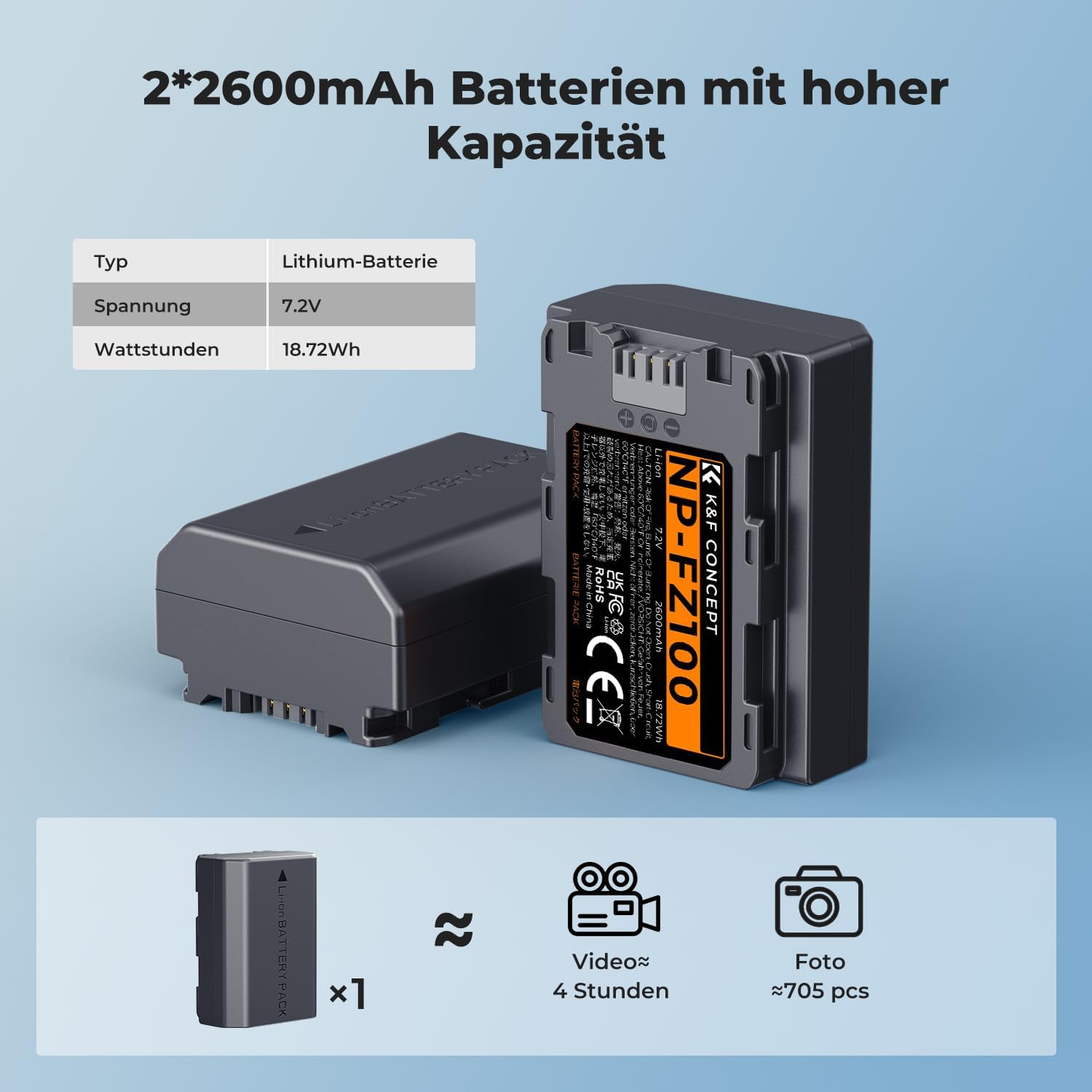 Detalle 2 de K&F CONCEPT NP-FZ100 2600mAh Akkus