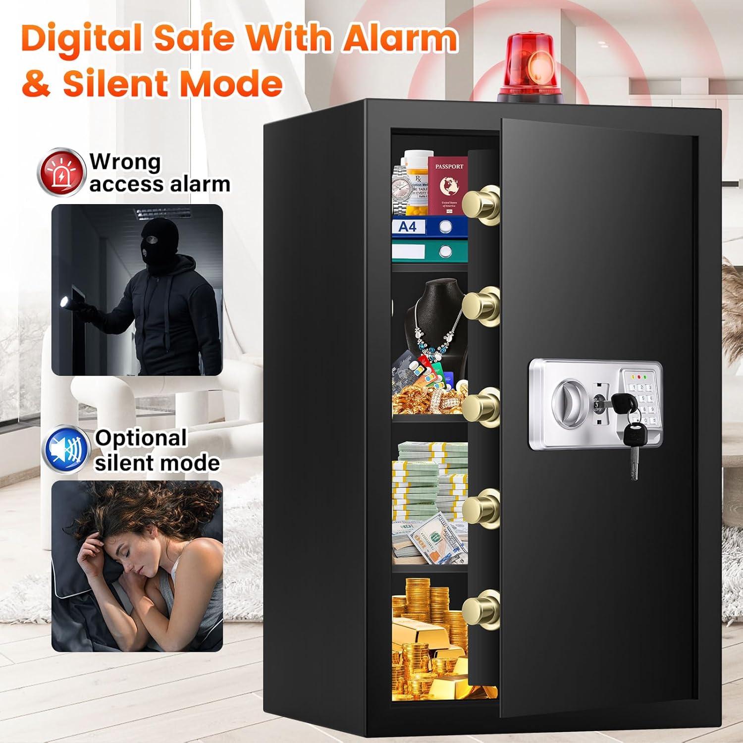 Detalle 2 de Mejasg Large Home Safe Box with A4 Document Bag and 3 Removable Shelves – 102L, Alarm, and Silent Mode