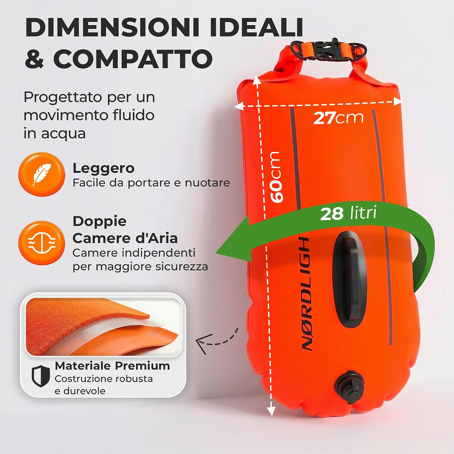 Detalle de Nordlight Boa Nuoto Acque Libere - Dry Bag Pull Buoy: Sicurezza, Visibilità e Praticità per Triathlon e Nuoto Open Water