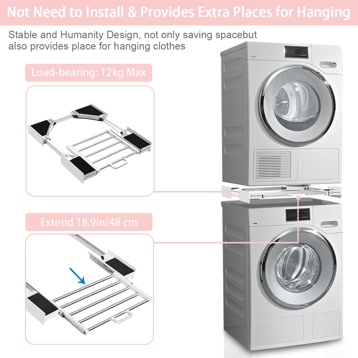 Thumbnail 2 de NIUXX Zwischenbaurahmen mit Wäscheleine – universal für Waschmaschine & Trockner, einziehbarer Handtuchhalter (53–68 cm)