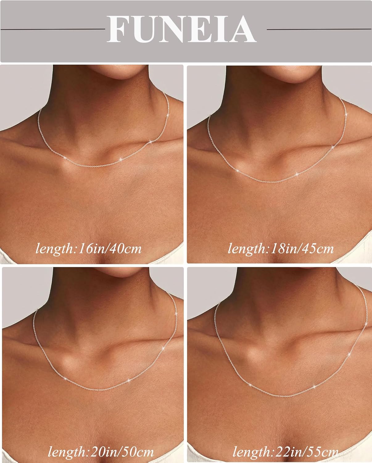 Thumbnail 3 de FUNEIA Collier en argent sterling 925 pour femme – chaîne fine 1,1–1,3 mm, longueur 40–55 cm, sans pendentif