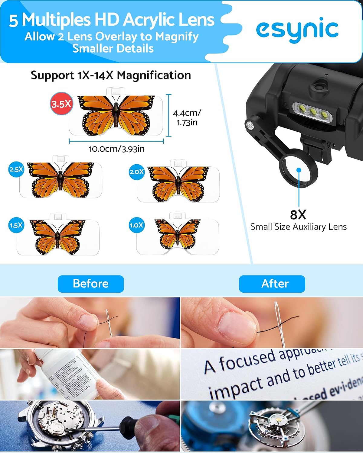 Thumbnail 2 de eSynic Headband Magnifier Professional 1X to 14X with Light (5 Detachable Lenses, Rechargeable, 3 LEDs)