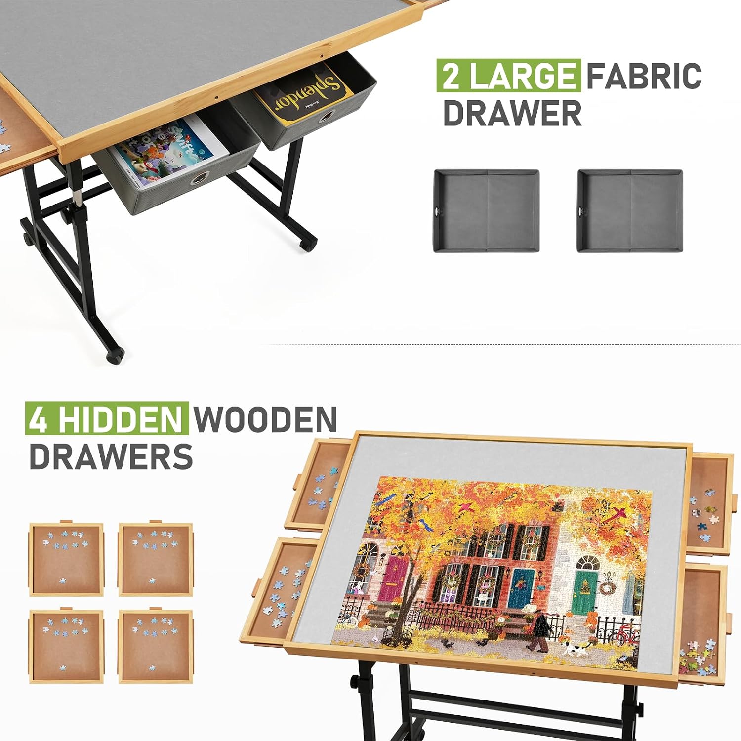 Detalle de BuilderButler 1500-Piece Puzzle Table with Wheels, Adjustable Height & 45° Tilt, Drawers and Cover
