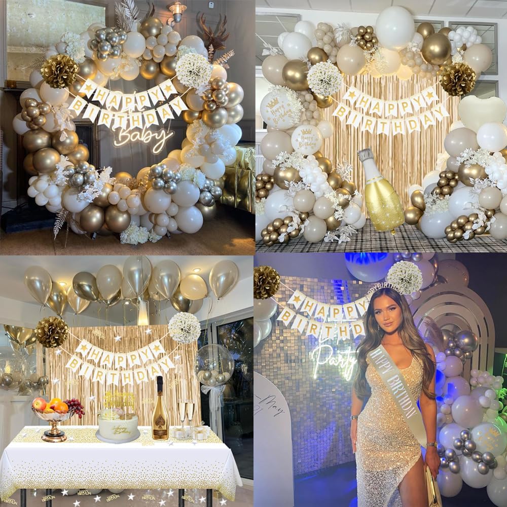 Detalle de Geburtstagsdeko Gold, Beige Gold Weiß Party Deko Set mit „Happy Birthday“-Banner & Ballons