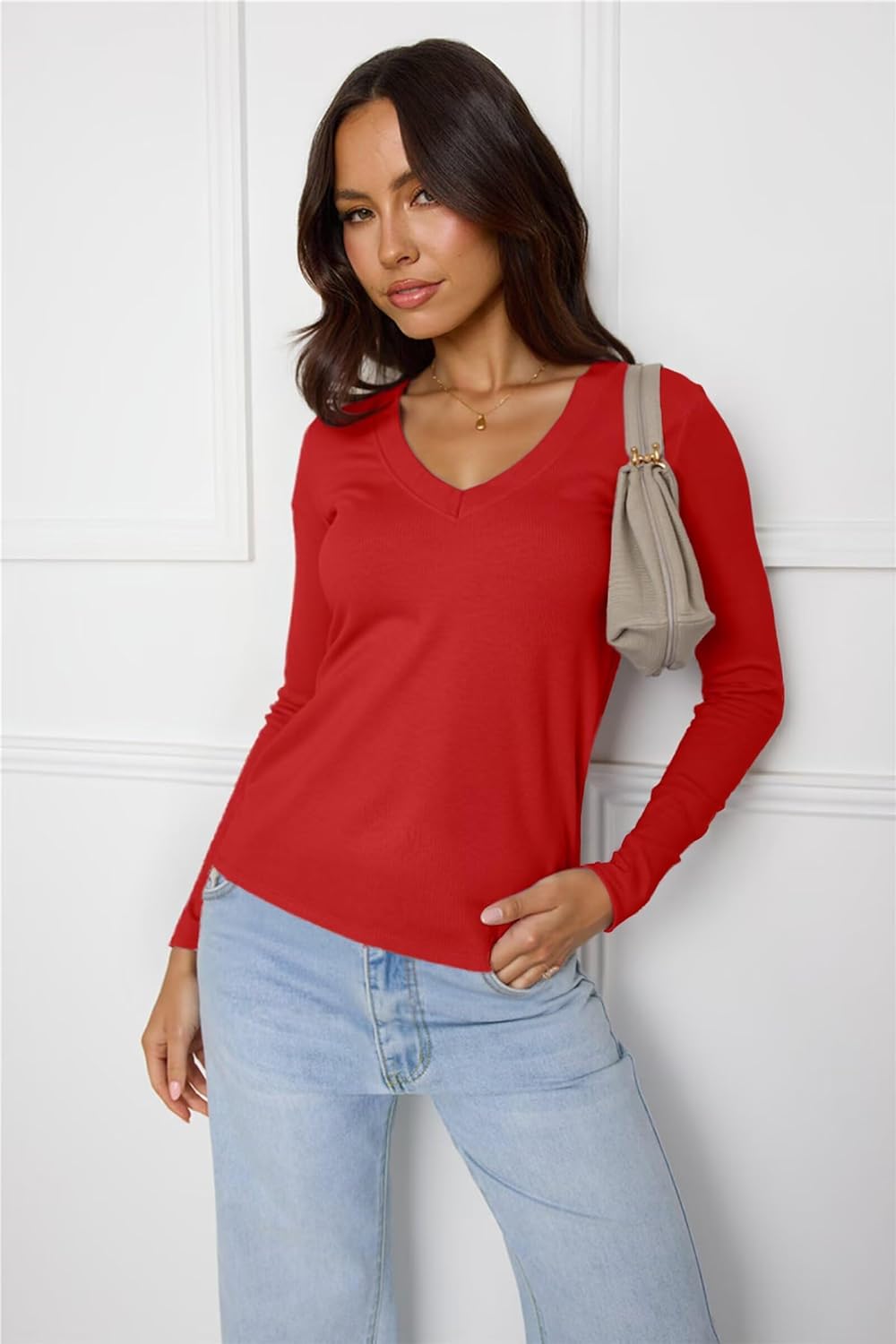 Thumbnail 2 de VICHYIE Damen V-Ausschnitt Langarm Shirt – schlanker Schnitt, pflegeleicht und vielseitig