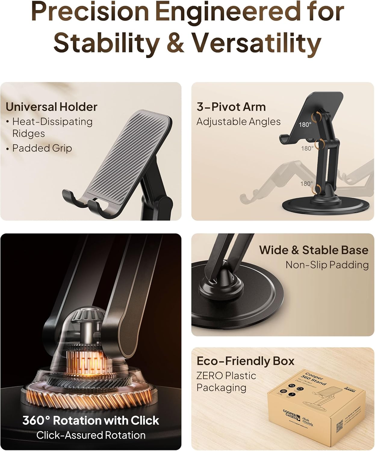 Detalle de COOPER 360° Stand: Rotating Desk Phone Stand in Piano Black